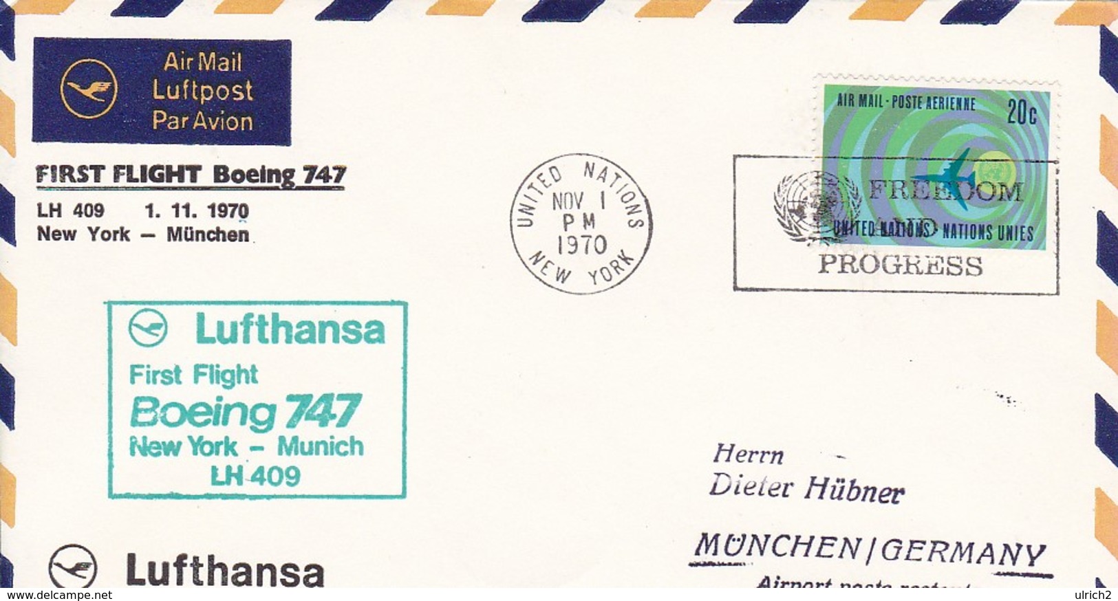 UN New York Airmail First Flight Boeing 747 Lufthansa New York - München - 1970 (45629) - Poste Aérienne