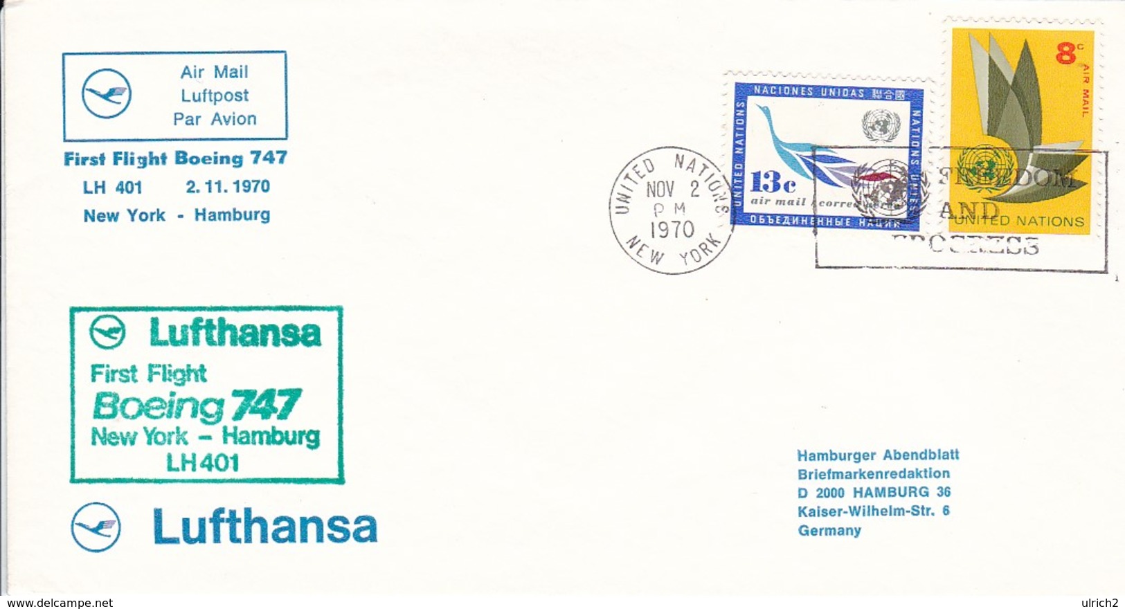 UN New York Airmail First Flight Boeing 747 Lufthansa New York - Hamburg - 1970 (45630) - Luftpost