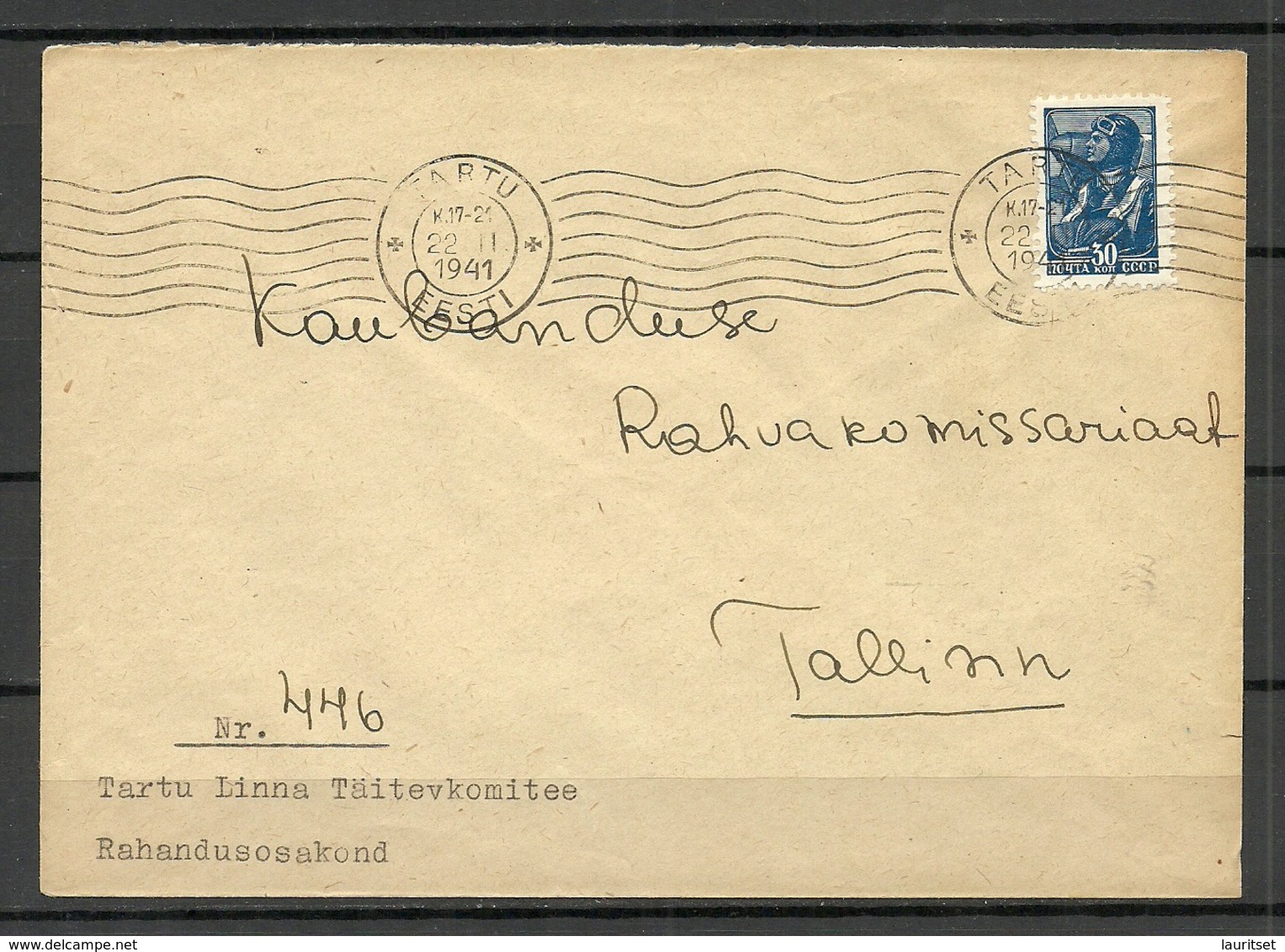 Estland Estonia 1941 First Soviet Occupation Letter To Tallinn O Tartu 22.11.1941 - Estland