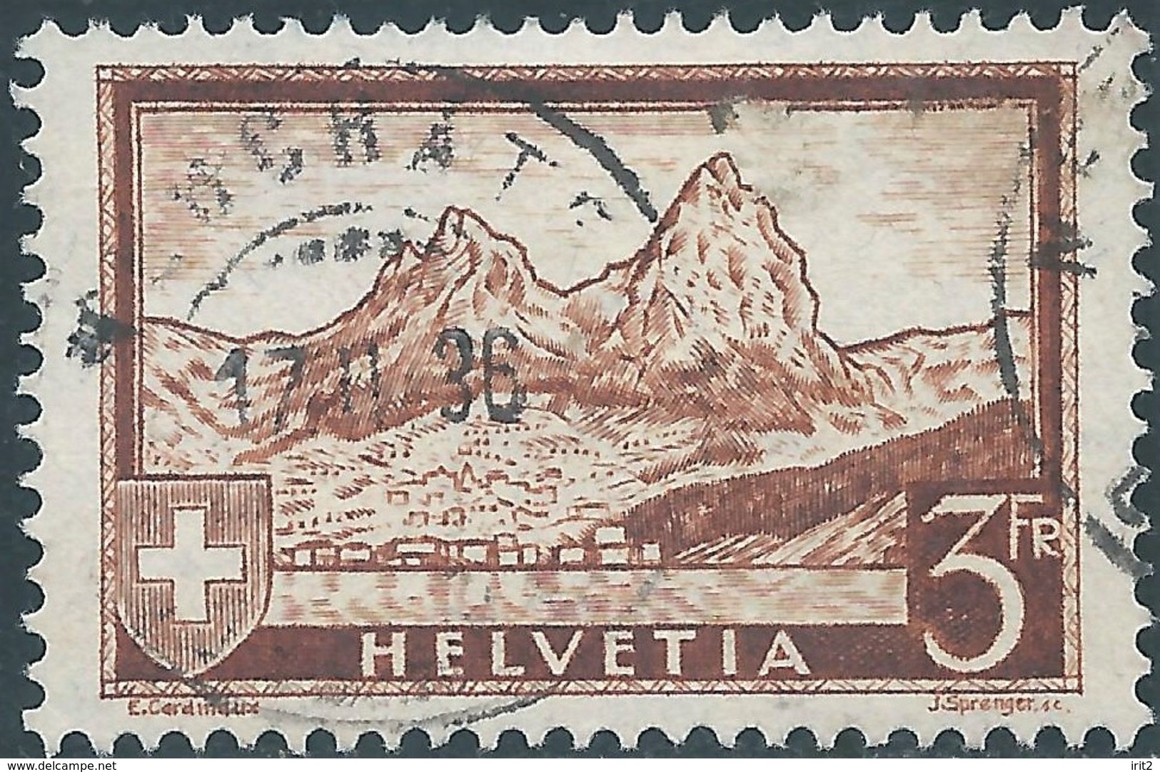 SVIZZERA -Switzerland-Swiss -HELVETIA 1928-1931 Landscapes,3Fr Reddish Brown,Used Value €6,00 - Usati