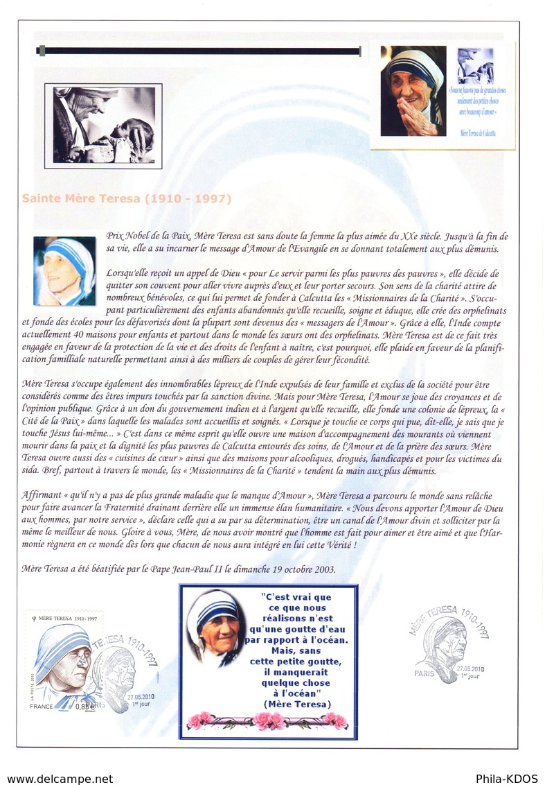 Très Rare Car Perso : " MERE TERESA " Sur Document A4 1er Jour De 2010. N° YT 4455. Parfait état DPO - Mère Teresa