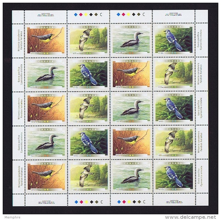 2000  Birds Of Canada: Warbler, Osprey, Loon, Blue Jay  Sc 1839-42 Se-tenant  Complete MNH Sheet Of 20 With Inscrptions - Ganze Bögen