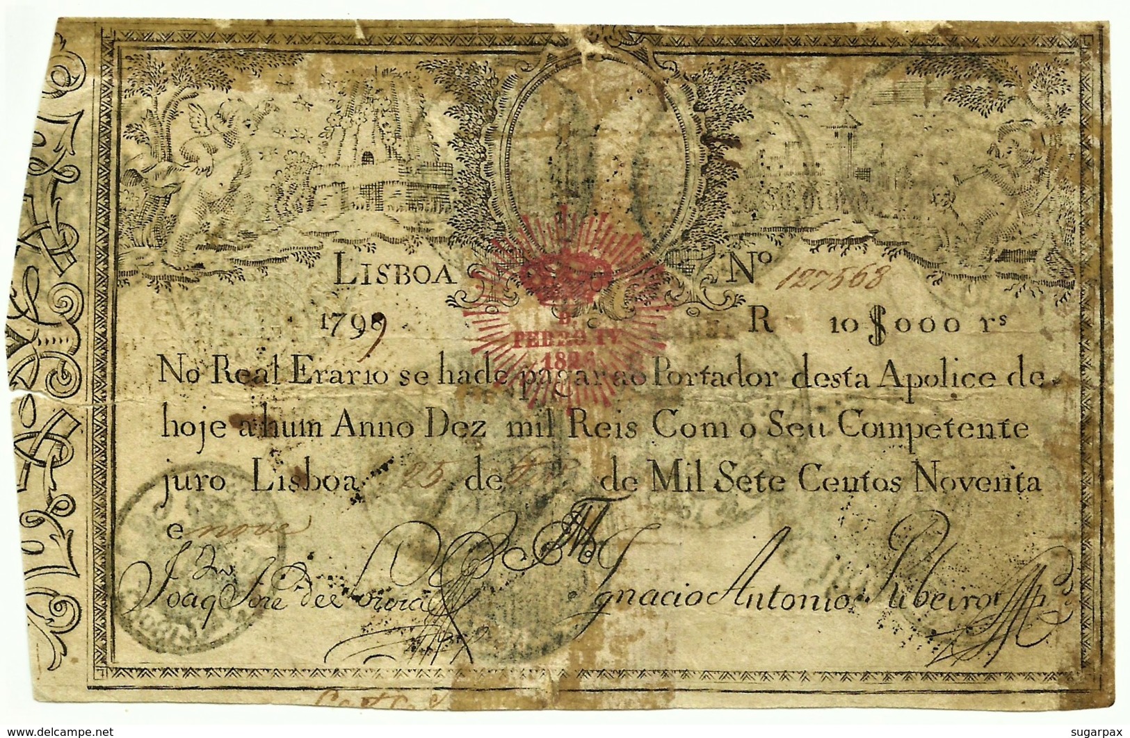 PORTUGAL - APÓLICE 10$000 - 10.000 RÉIS - 1798/9 ( 1826 ) - P 28 - D. PEDRO IV - WAR OF THE TWO BROTHERS - Portugal