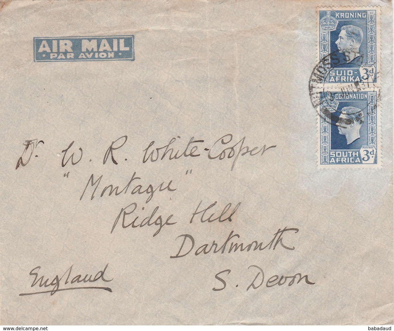 South Africa, 1937, Air Mail, 3d, WITMOSS STATION 3 JUN 37 > England - Covers & Documents