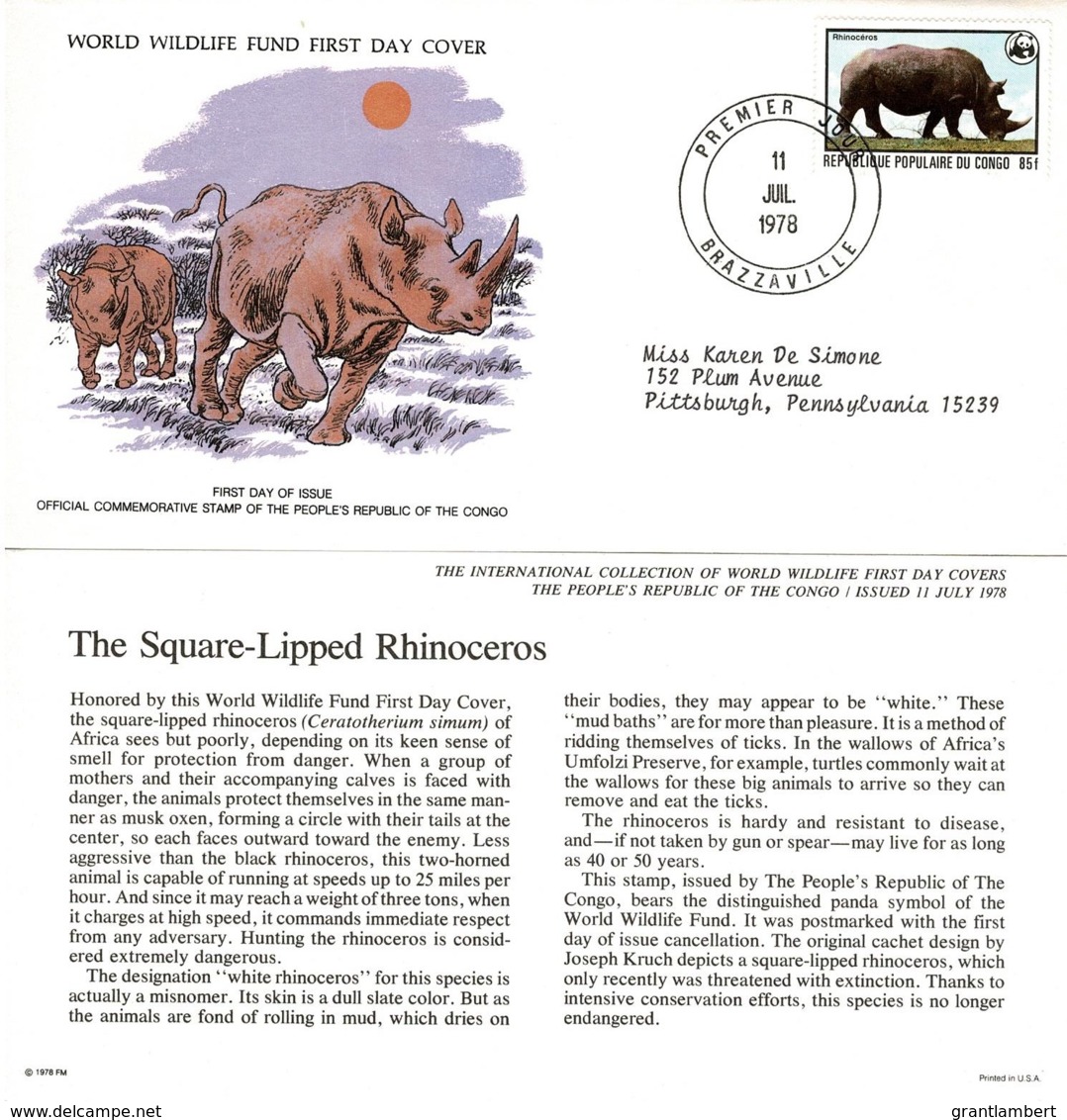 Congo 1978 The Square-Lipped Rhinoceros WWF FDC - FDC