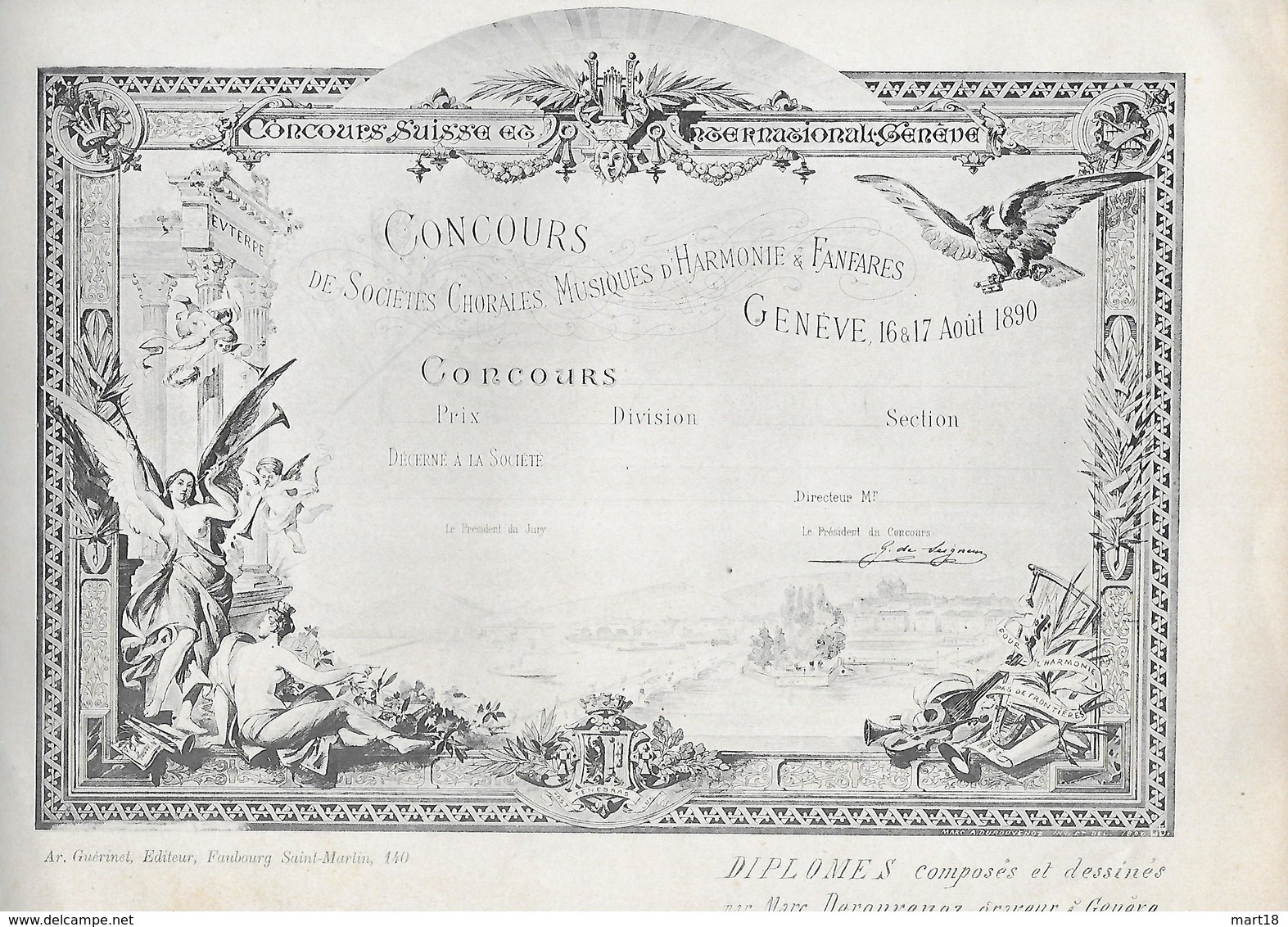 Diplome - Concours Musiques D' Harmonie & Fanfares - GENEVE 1890 - Derouvenoz -- Pas Carte Postale - - Genève