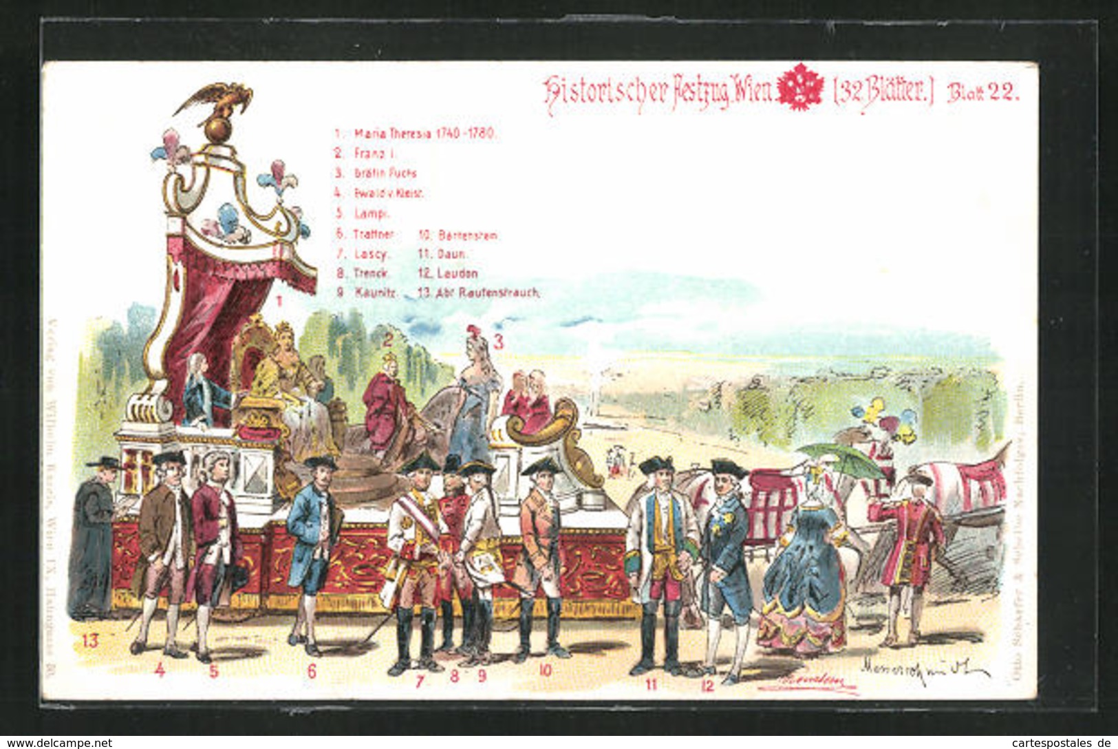 Künstler-Lithographie Messerschmidt: Wien, Histor. Festzug 1898, Festwagen Mit Maria Theresia 1740-1780, Franz I., Et - Königshäuser