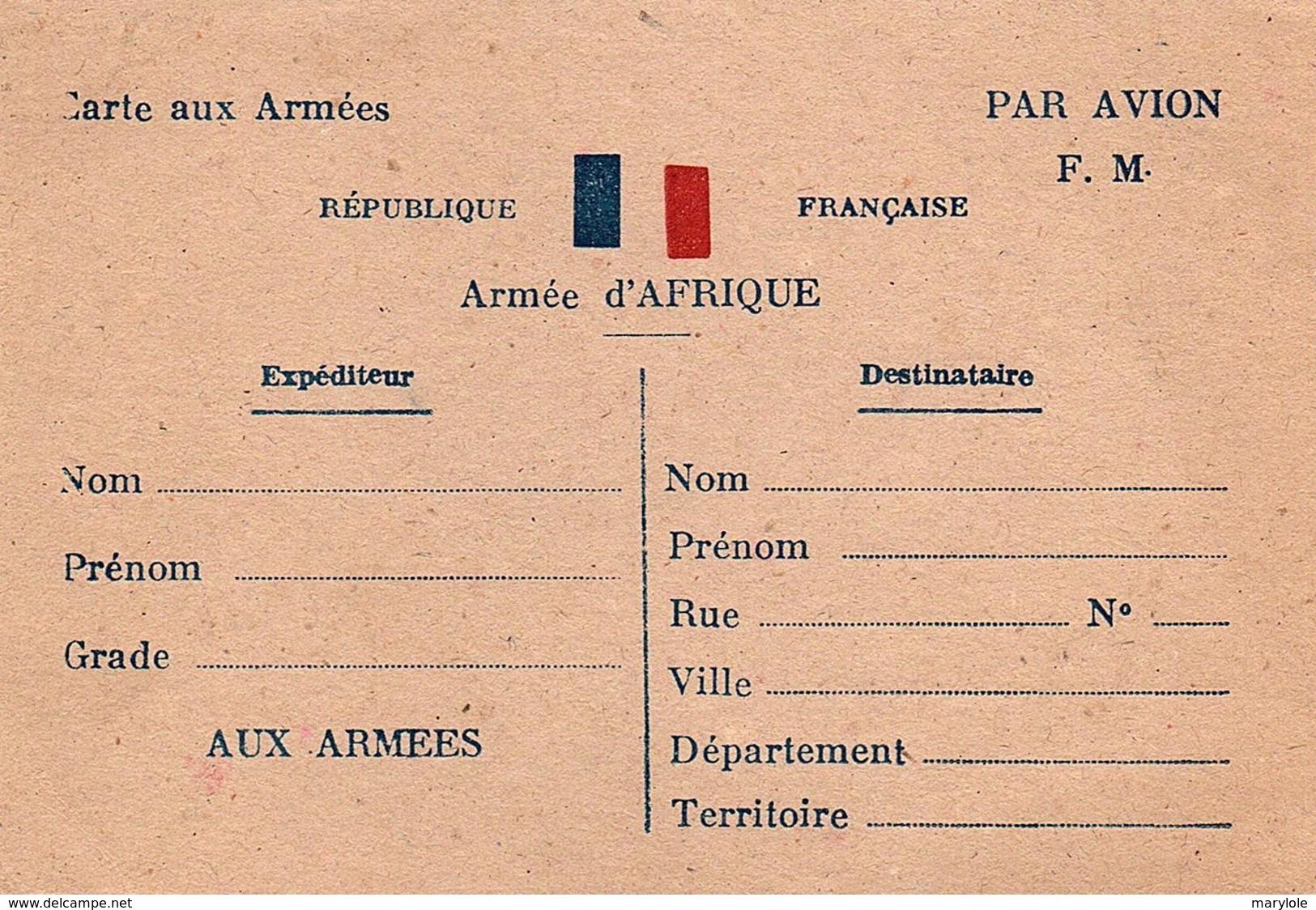 Carte  Aux  Armées  -  Armée  D'AFRIQUE , Carte Neuve F. M.  ( Par Avion ) - Military Postage Stamps