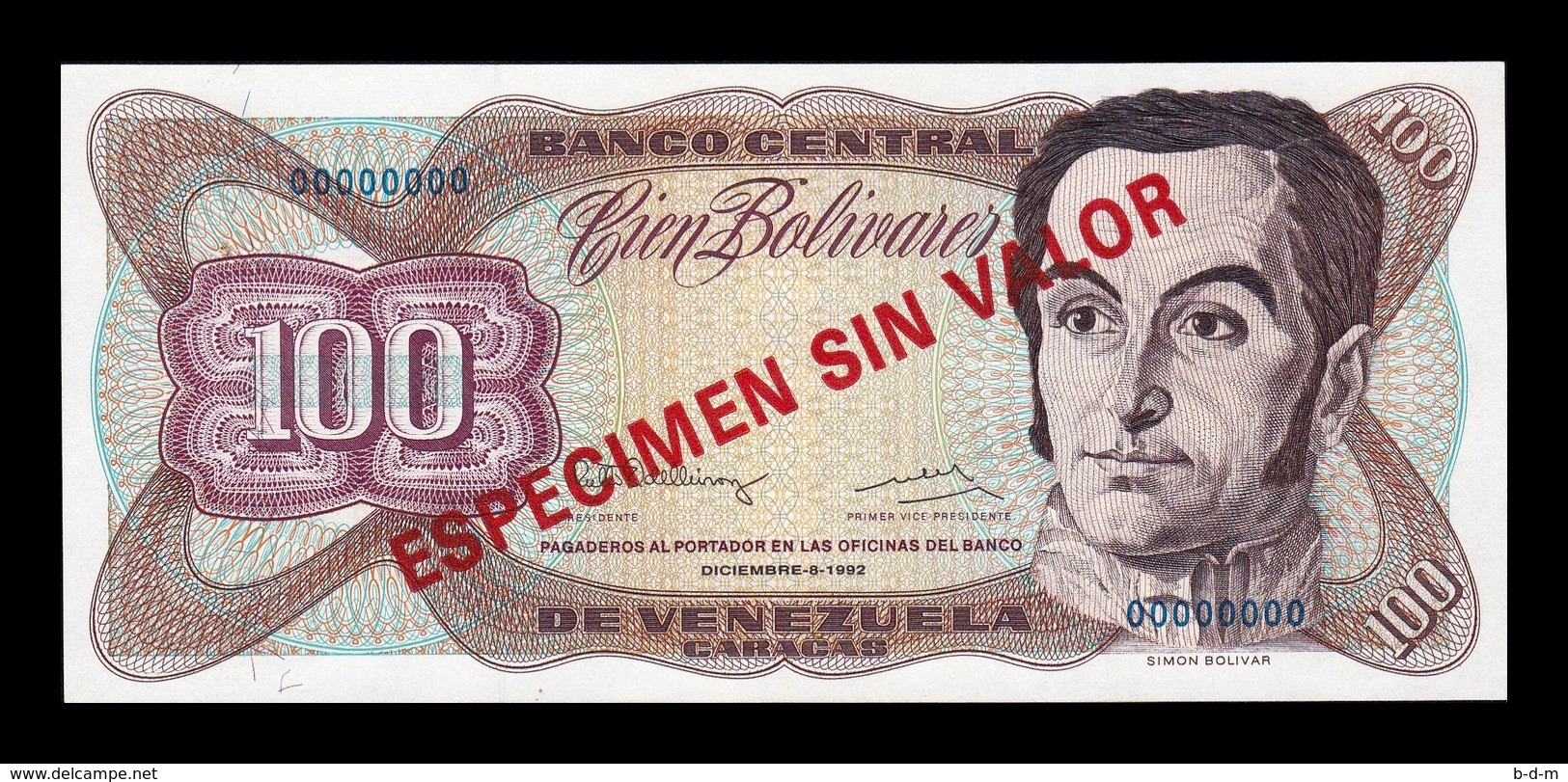 Venezuela 100 Bolívares 1992 Pick 66Es Specimen SC UNC - Venezuela