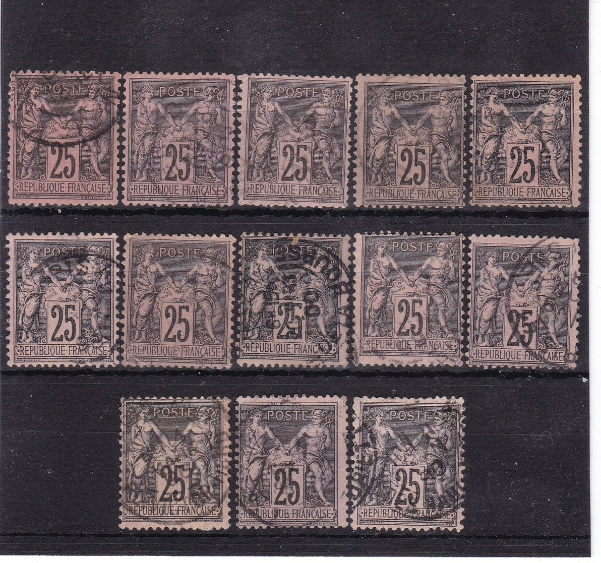 # Z.10898 France Republic 1884 - 90 Type II. 13 X Value 25 C. Used, Yvert 97, Michel 80: Pax & Mercur - 1876-1898 Sage (Tipo II)