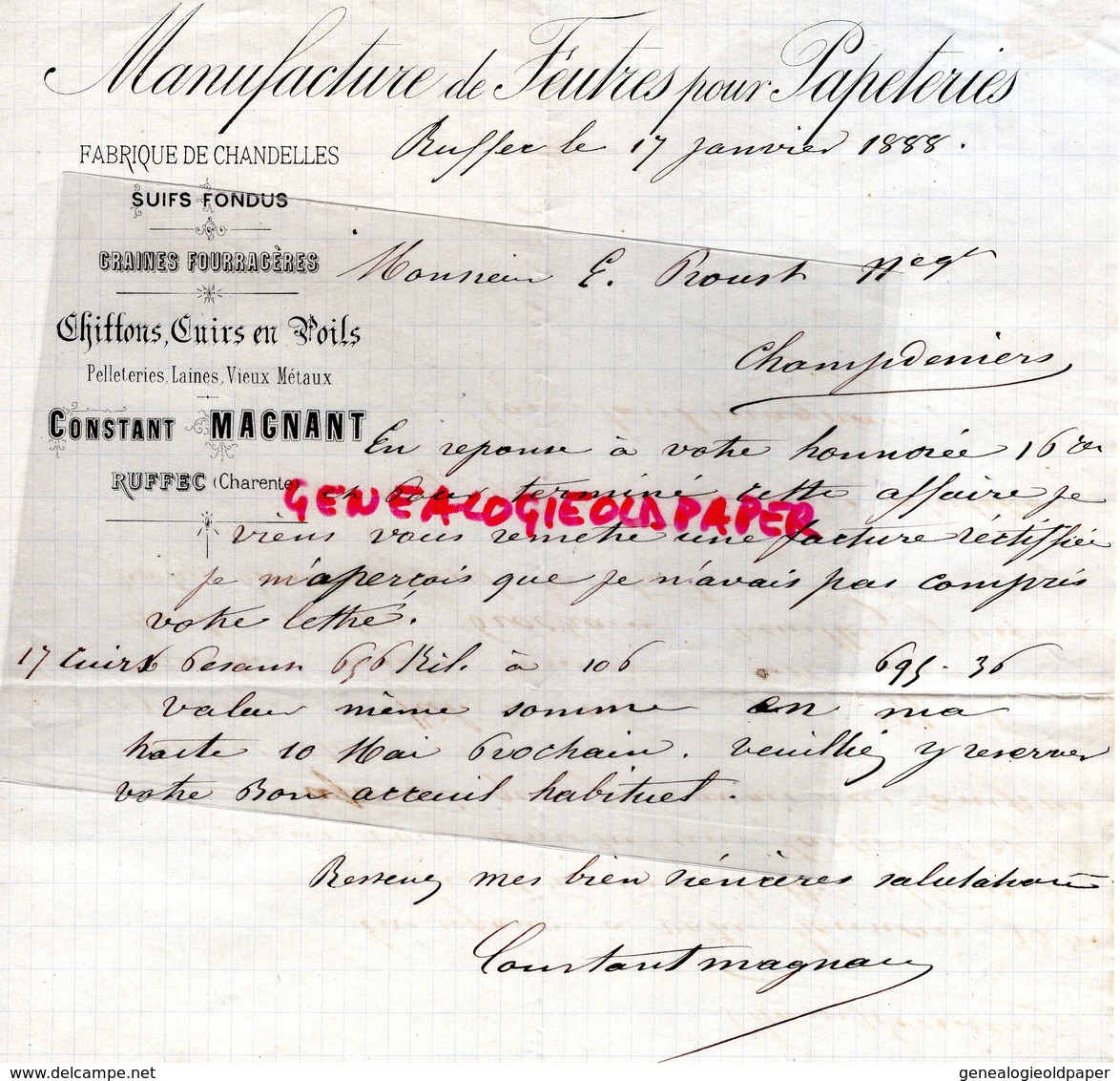 16 - RUFFEC- RARE LETTRE MANUSCRITE SIGNEE CONSTANT MAGNANT- MANUFACTURE FEUTRE POUR PAPETERIE-DABRIQUE CHANDELLES-1888 - Imprimerie & Papeterie