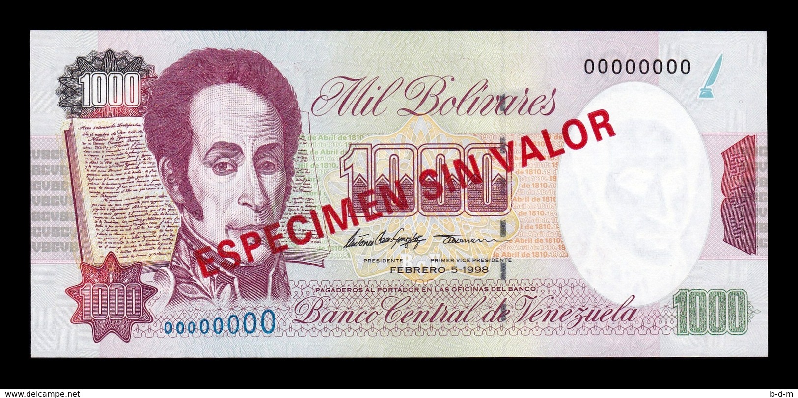 Venezuela 1000 Bolívares 1998 Pick 76Cs Specimen SC UNC - Venezuela