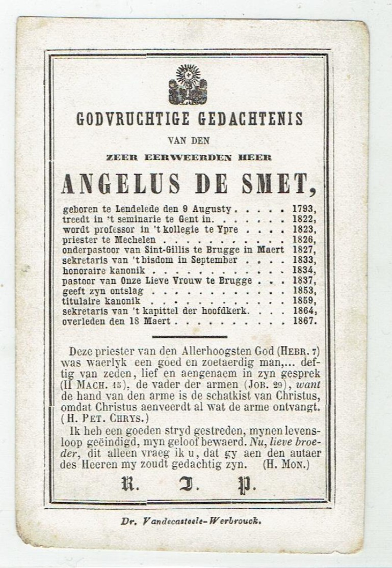 E.HEER Angelus De Smet - Lendelede 1793 - 1867 - Prof. College Ieper -  Priester Mechelen - Pastoor Brugge - Devotion Images