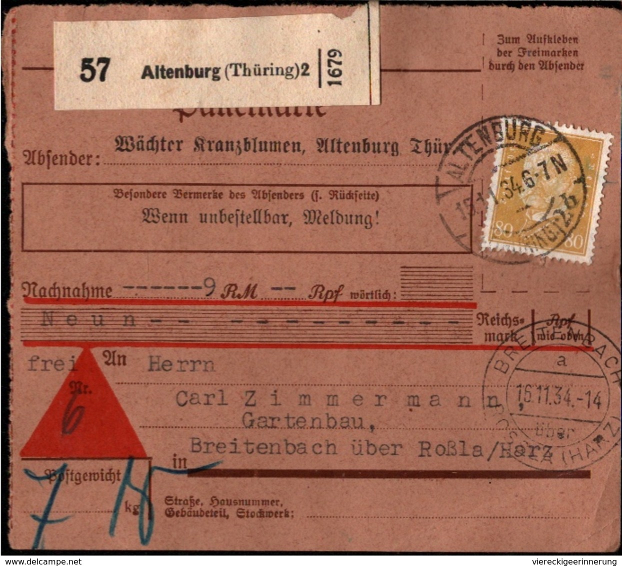 ! 1934 Nachnahme Paketkarte Deutsches Reich, Altenburg In Thüringen, Breitenbach - Briefe U. Dokumente