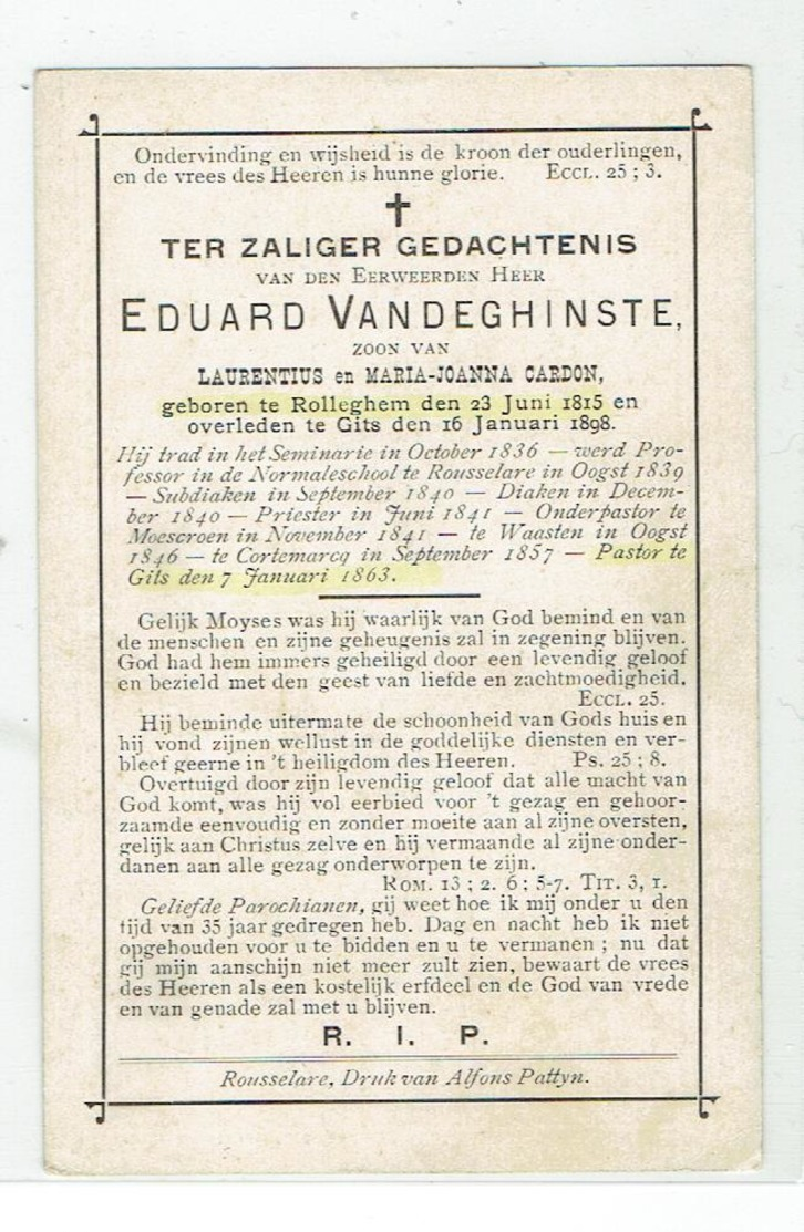 E. H. Eduard VANDEGHINSTE - Rolleghem 1815 - Gits 1898 - Prof Rousselare - Moescroen - Waasten - Cotemarck - Gits - Devotieprenten