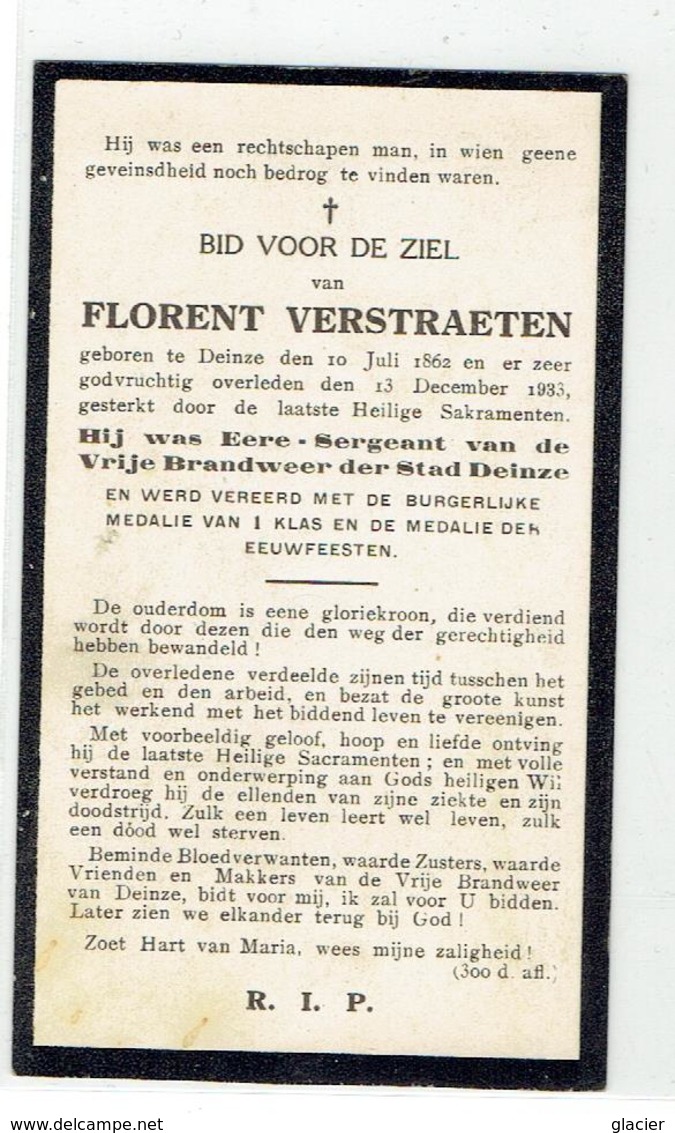FLORENT VERSTRAETEN - Deinze 1862 - 1933 - Ere Sergeant Vrije Brandweer Der Stad DEINZE - Devotieprenten