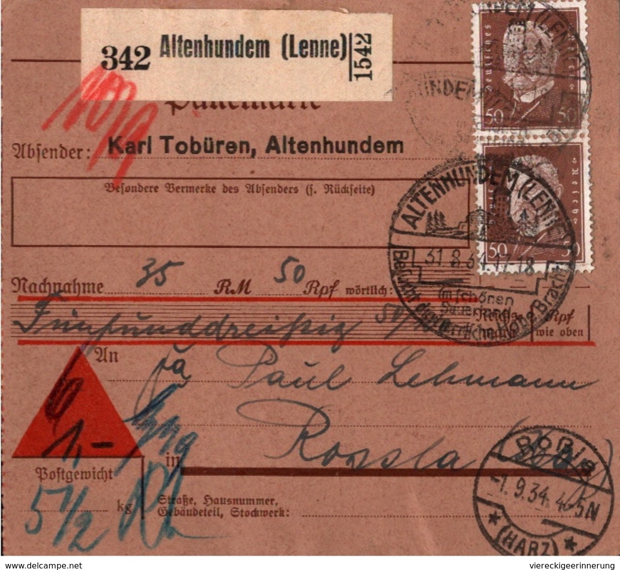 ! 1934 Nachnahme Paketkarte Deutsches Reich, Altenhundem, Lenne - Briefe U. Dokumente