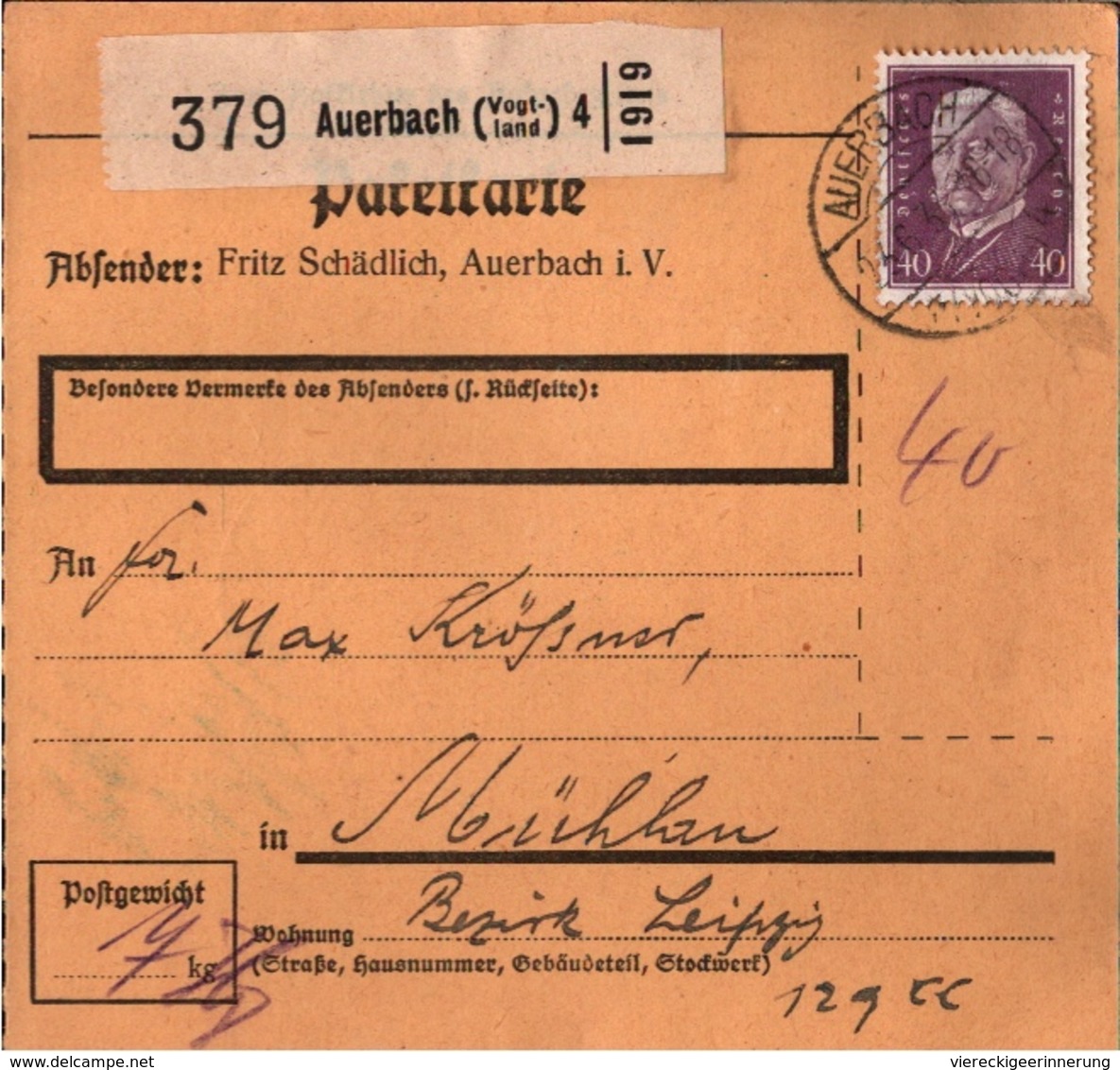 ! 1933 Paketkarte Deutsches Reich, Auerbach Im Vogtland, Mühlau - Briefe U. Dokumente