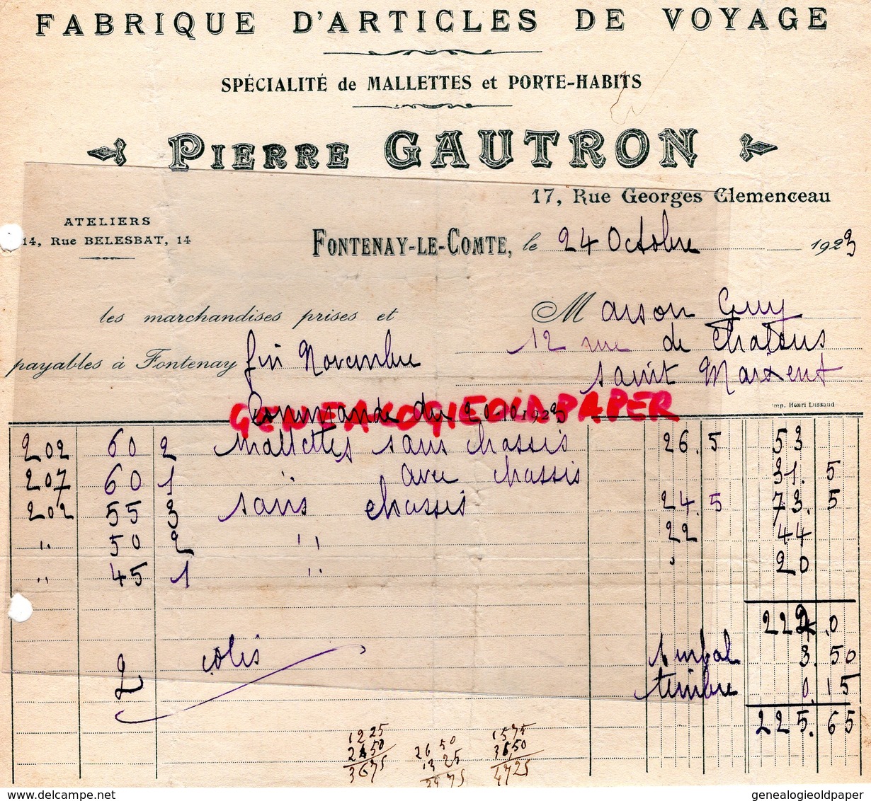 85- FONTENAY LE COMTE- RARE FACTURE PIERRE GAUTRON-FABRIQUE ARTICLES VOYAGE-17 RUE GEORGES CLEMENCEAU- 1923 - Old Professions