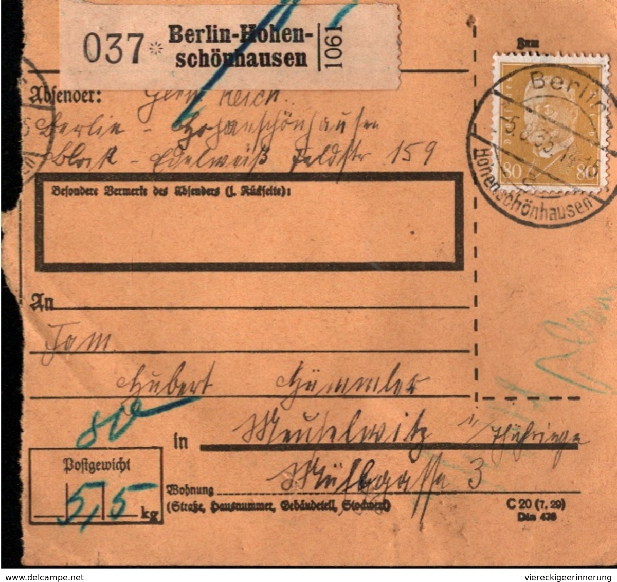 ! 1935 Paketkarte Deutsches Reich, Berlin Hohenschönhausen - Covers & Documents