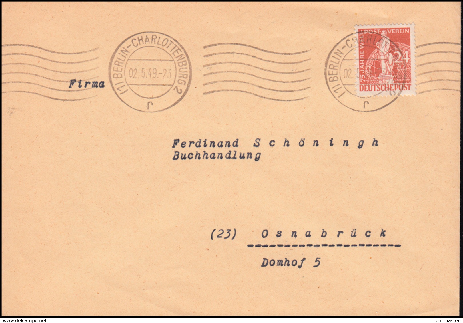 37 Stephan Weltpostverein 24 Pf. Als EF Auf Brief BERLIN-CHARLOTENBURG 2.5.1949 - Altri & Non Classificati