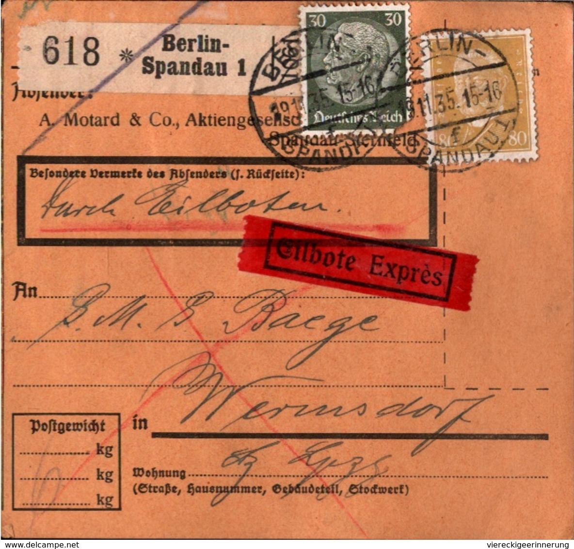 ! 1935 Paketkarte Eilboten, Expres, Deutsches Reich, Berlin Spandau Nach Wermsdorf - Covers & Documents