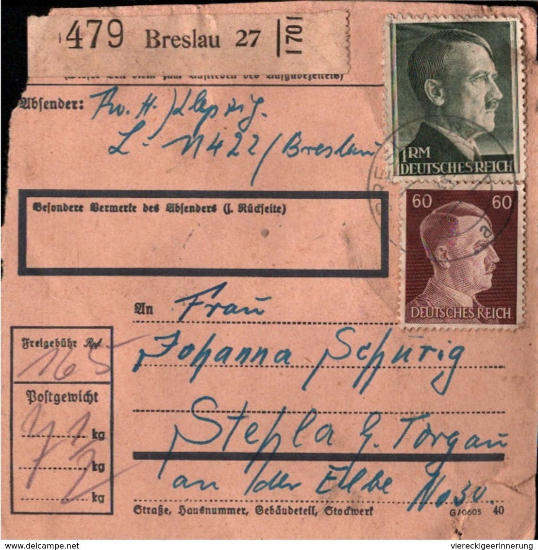 ! 1943  Paketkarte Deutsches Reich, Breslau - Lettres & Documents