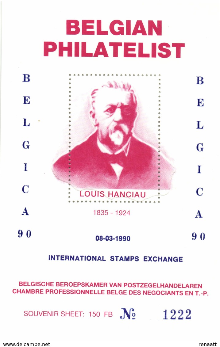 VIGNETTE Belgium 1990 Mint, Belgica 90, Belgian Philatelic Association, Louis Hanciau Stamp Dealer, Assistant J.B. Moens - Expositions Philatéliques