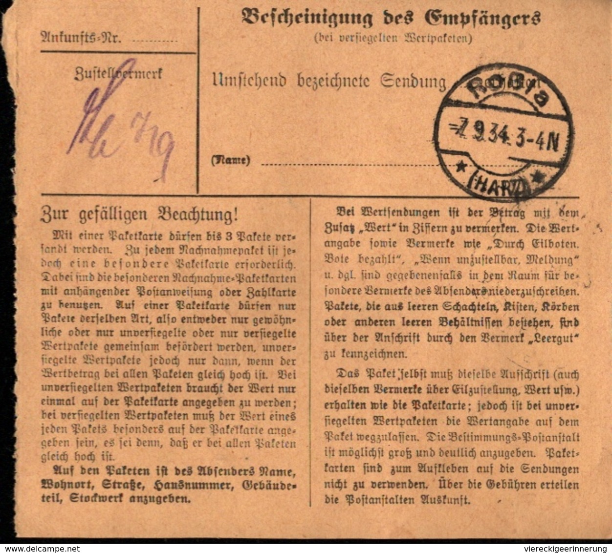 ! 1934  Paketkarte Deutsches Reich, Breitenbach, Roßla, Harz - Briefe U. Dokumente