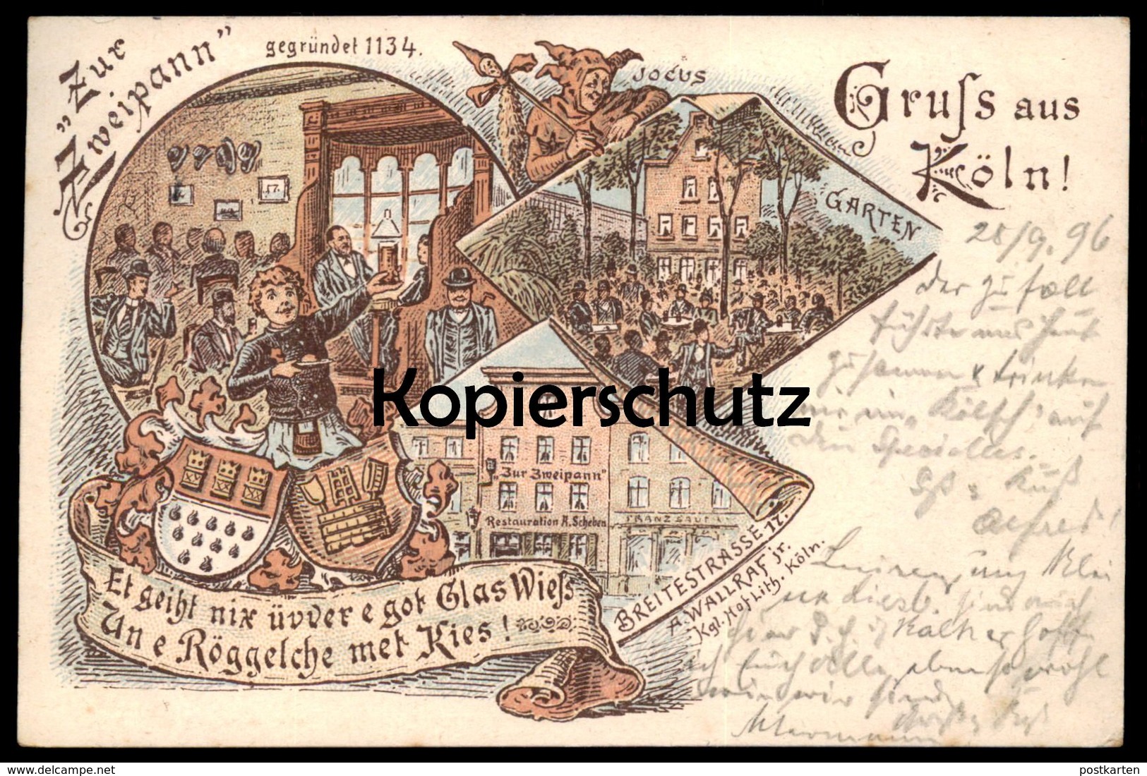 ALTE LITHO POSTKARTE GRUSS AUS KÖLN ZUR ZWEISPANN 1896 KÖLNER KNEIPE KÖLSCH Röggelche Met Kies Jocus Cöln Wallraff Cpa - Koeln