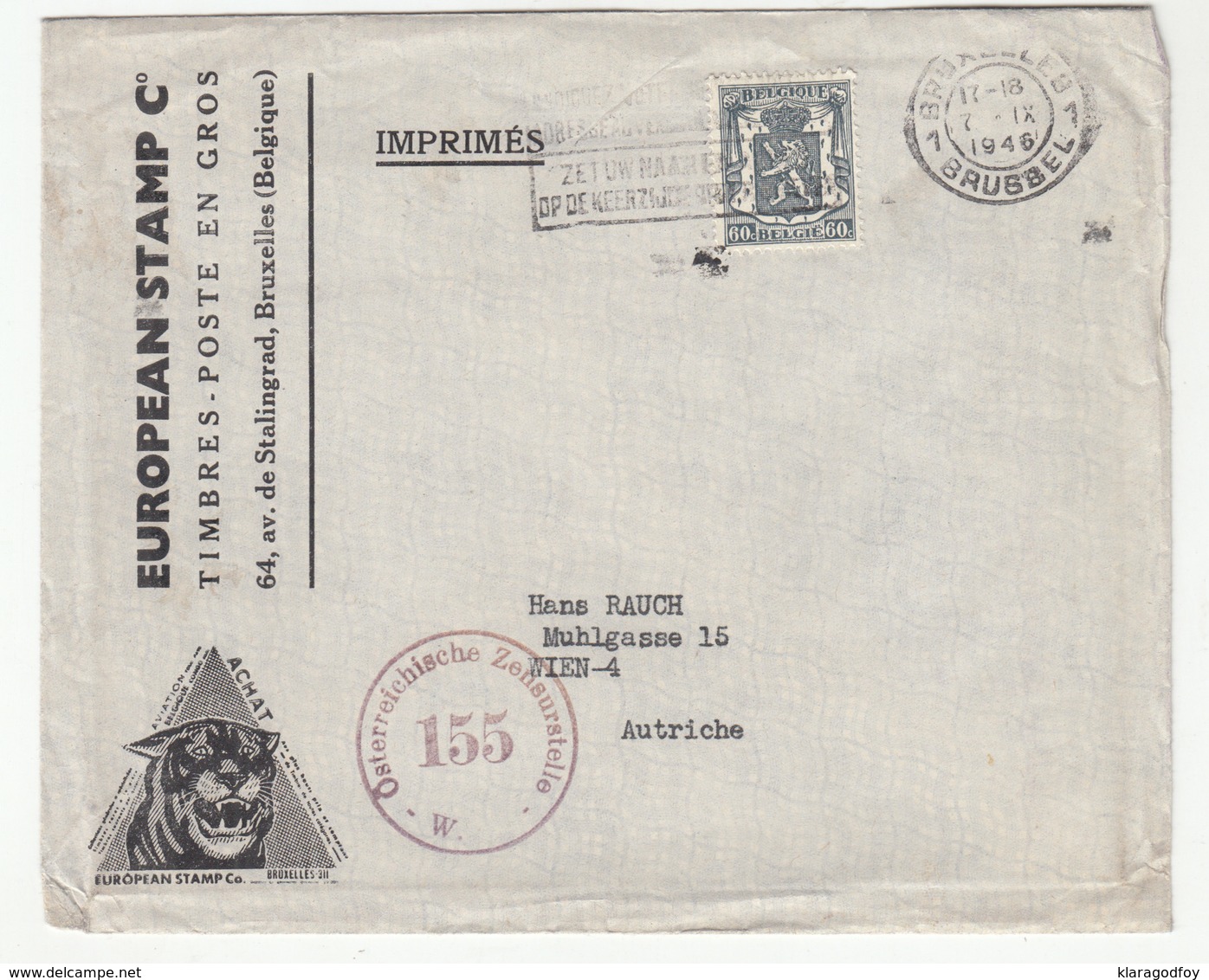 European Stamps Bruxelles Company Letter Cover Posted 1946 To Wien - Censored B191215 - Covers & Documents