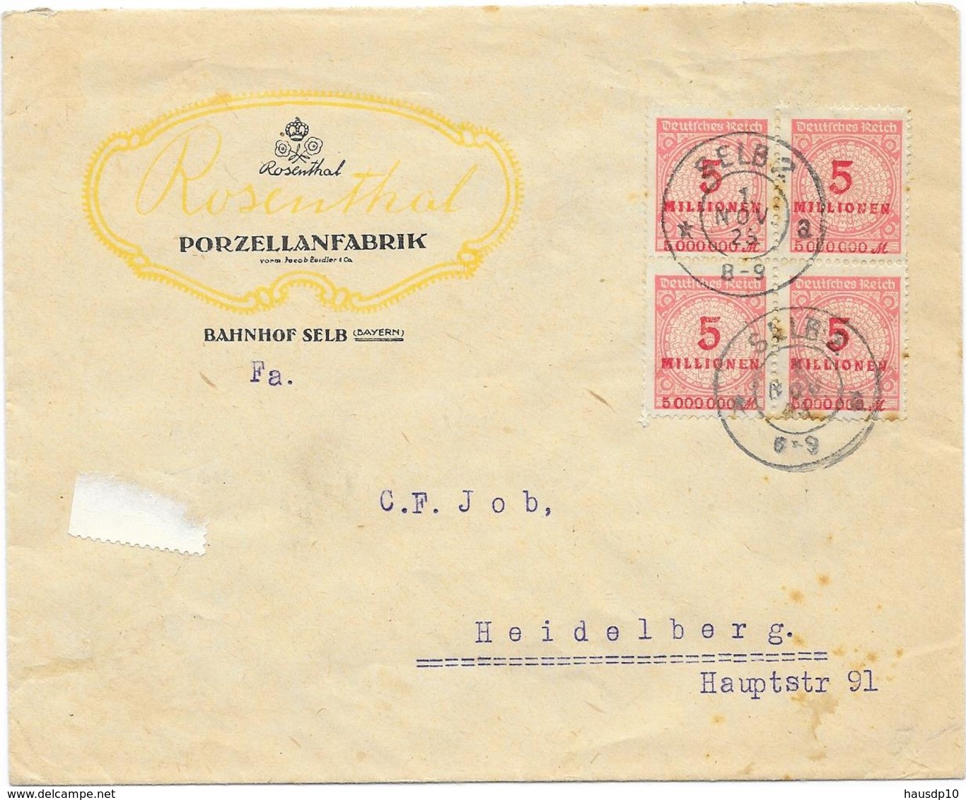 DR Infla Brief Mef. Mi.317 Selb 1.11.23 - Storia Postale