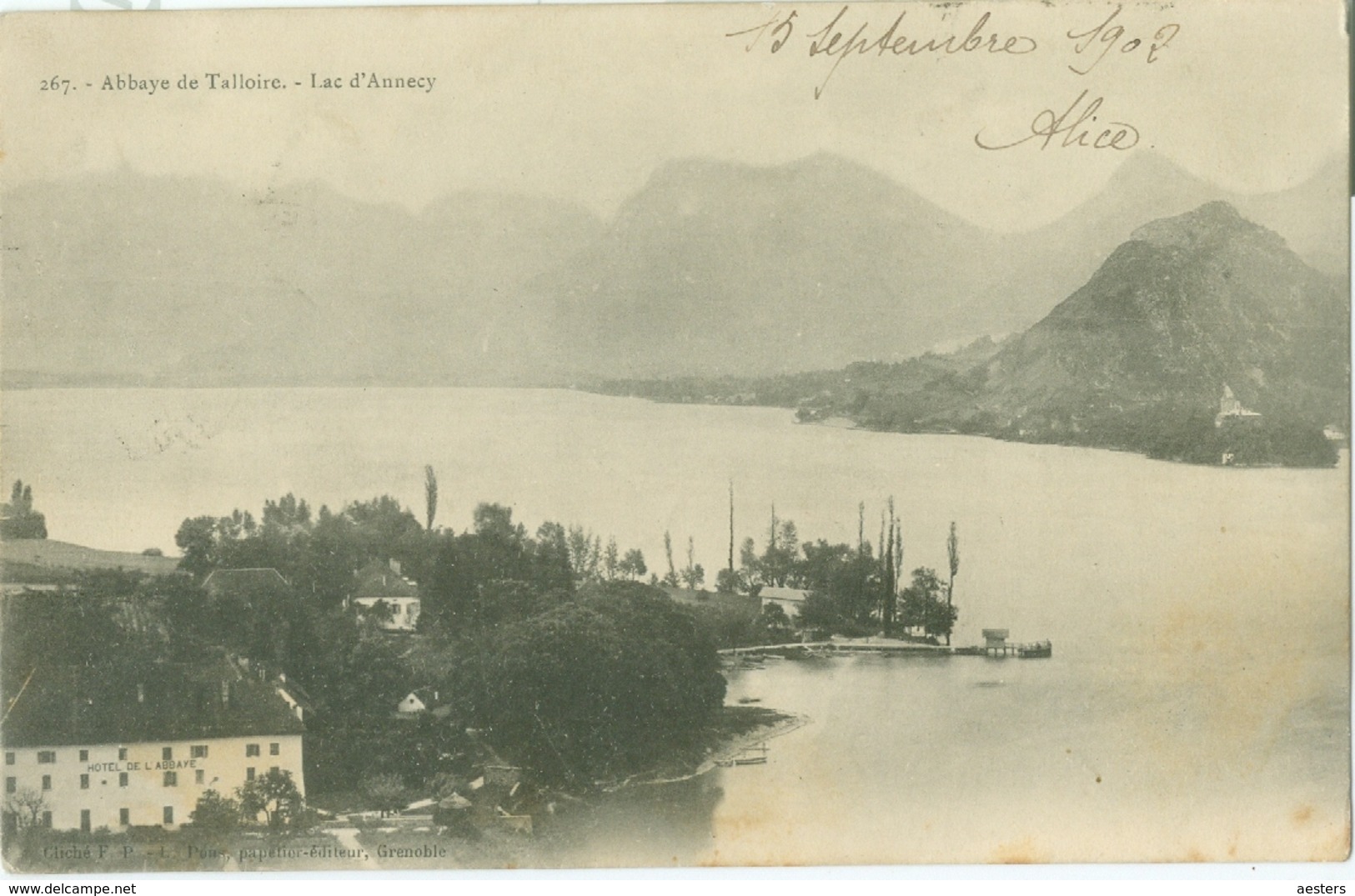 Annecy 1902; Abbaye De Talloire Et Lac D'Annecy - Voyagé. (F.P., L. Pons - Grenoble) - Annecy