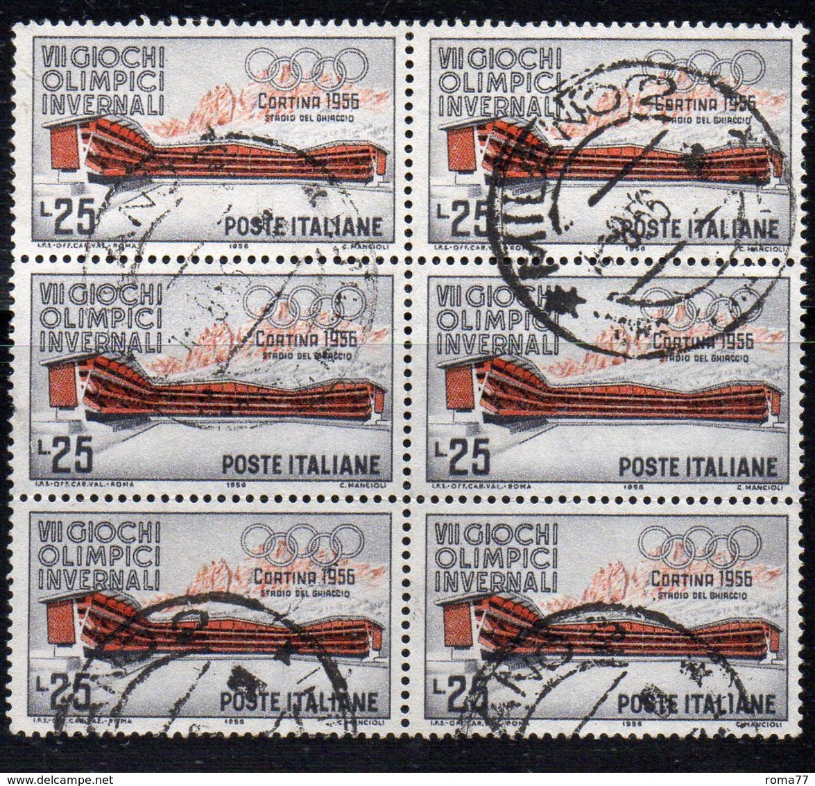 Q16 - REPUBBLICA 1956 , Sassone 25 Lire N. 795/I Stelle 2 Blocco Usato. Cortina. Un Dente Corto - 1946-60: Gebraucht