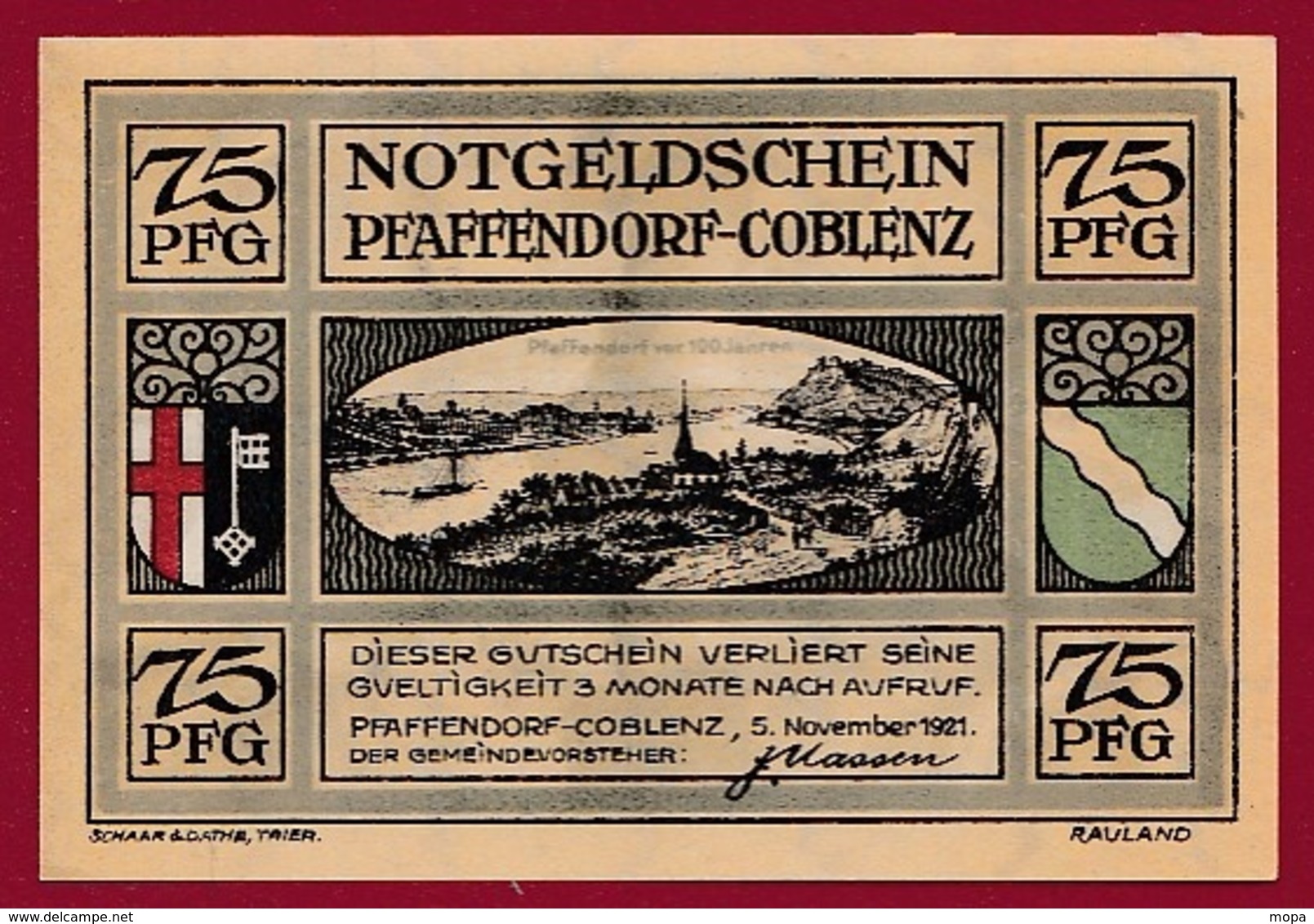 Allemagne 1 Notgeld 75 Pfenning Stadt Pfaffendorf-Coblenz (RARE) Dans L 'état N °5298 - Collections