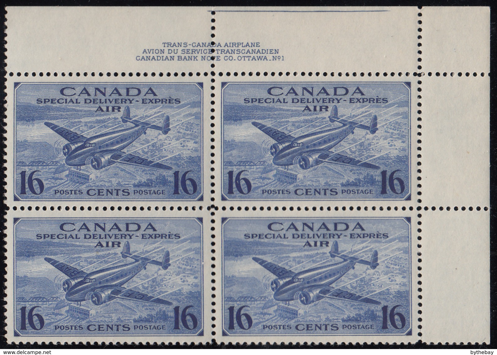 Canada 1942 MH Sc CE1 16c Trans-Canada Airplane Plate 1 Upper Right Plate Block - Luchtpost: Toeslag