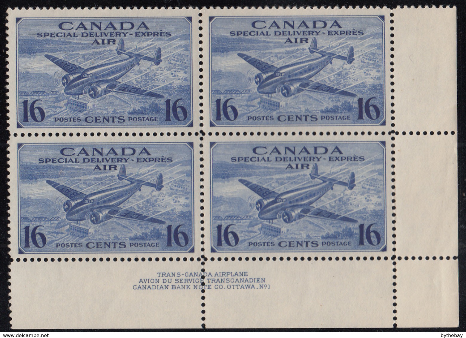 Canada 1942 MNH Sc CE1 16c Trans-Canada Airplane Plate 1 Lower Right Plate Block - Airmail: Semi-official