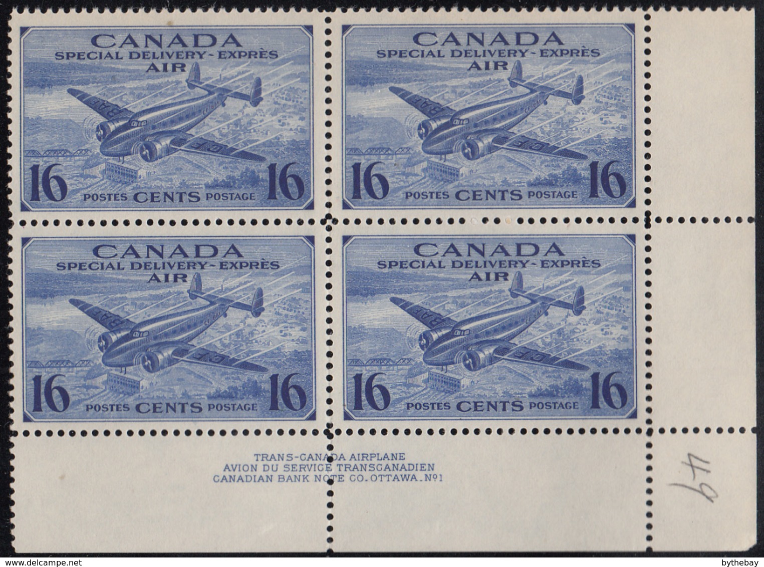 Canada 1942 MNH Sc CE1 16c Trans-Canada Airplane Plate 1 Lower Right Plate Block Pencil Mark - Posta Aerea: Semi-ufficiali