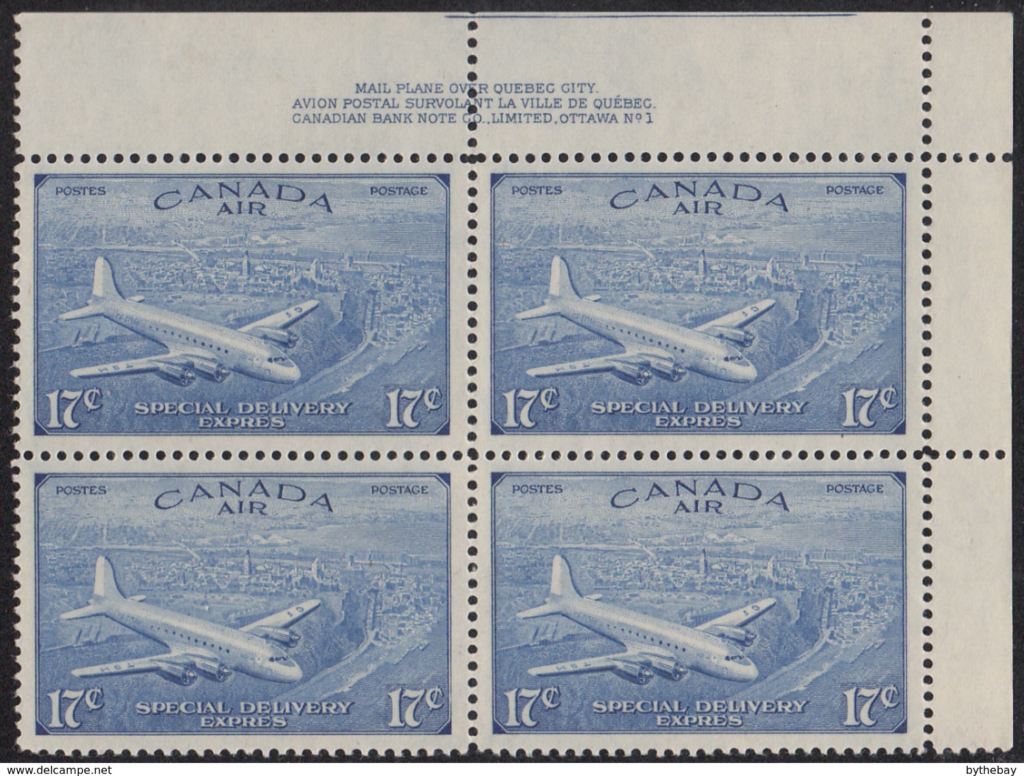 Canada 1946 MNH Sc CE3 17c D.C. 4-M Airplane Plate 1 Upper Right Plate Block - Posta Aerea: Semi-ufficiali