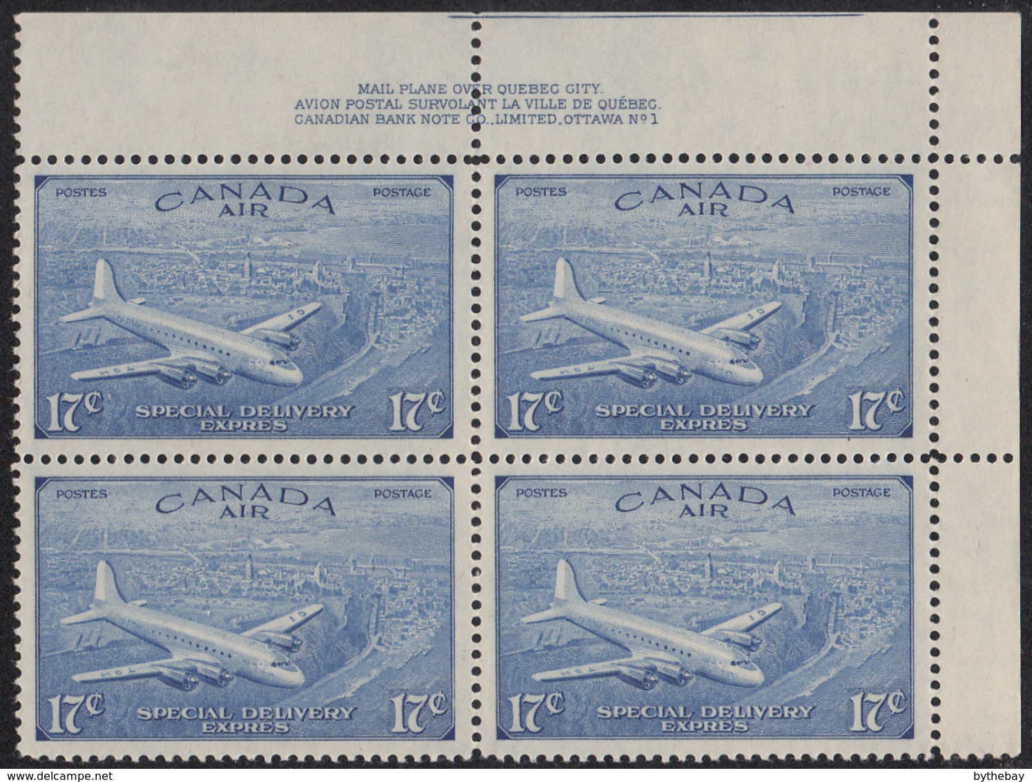 Canada 1946 MNH Sc CE3 17c D.C. 4-M Airplane Plate 1 Upper Right Plate Block - Poste Aérienne: Surtaxés
