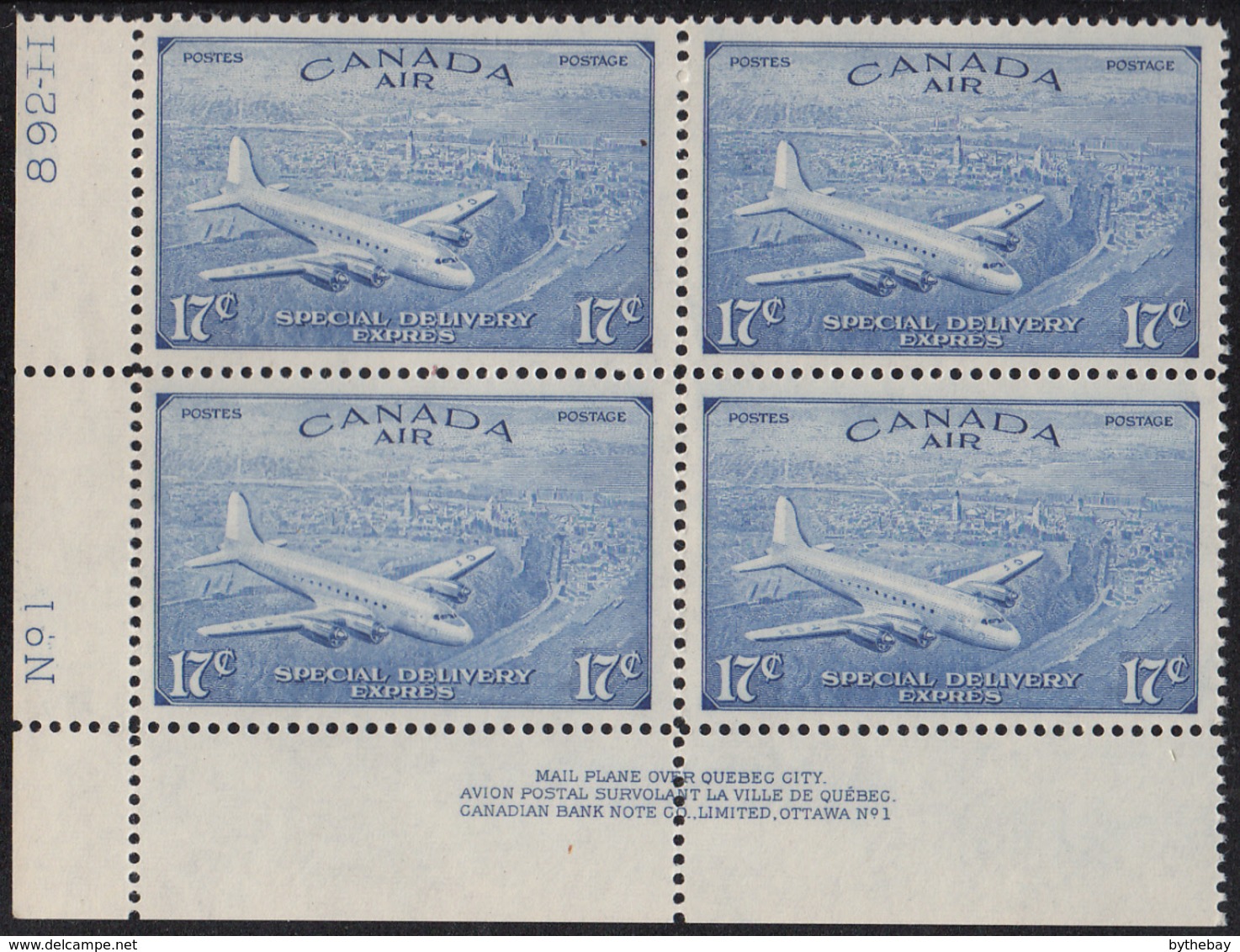 Canada 1946 MNH Sc CE3 17c D.C. 4-M Airplane Plate 1 Lower Left Plate Block - Poste Aérienne: Surtaxés