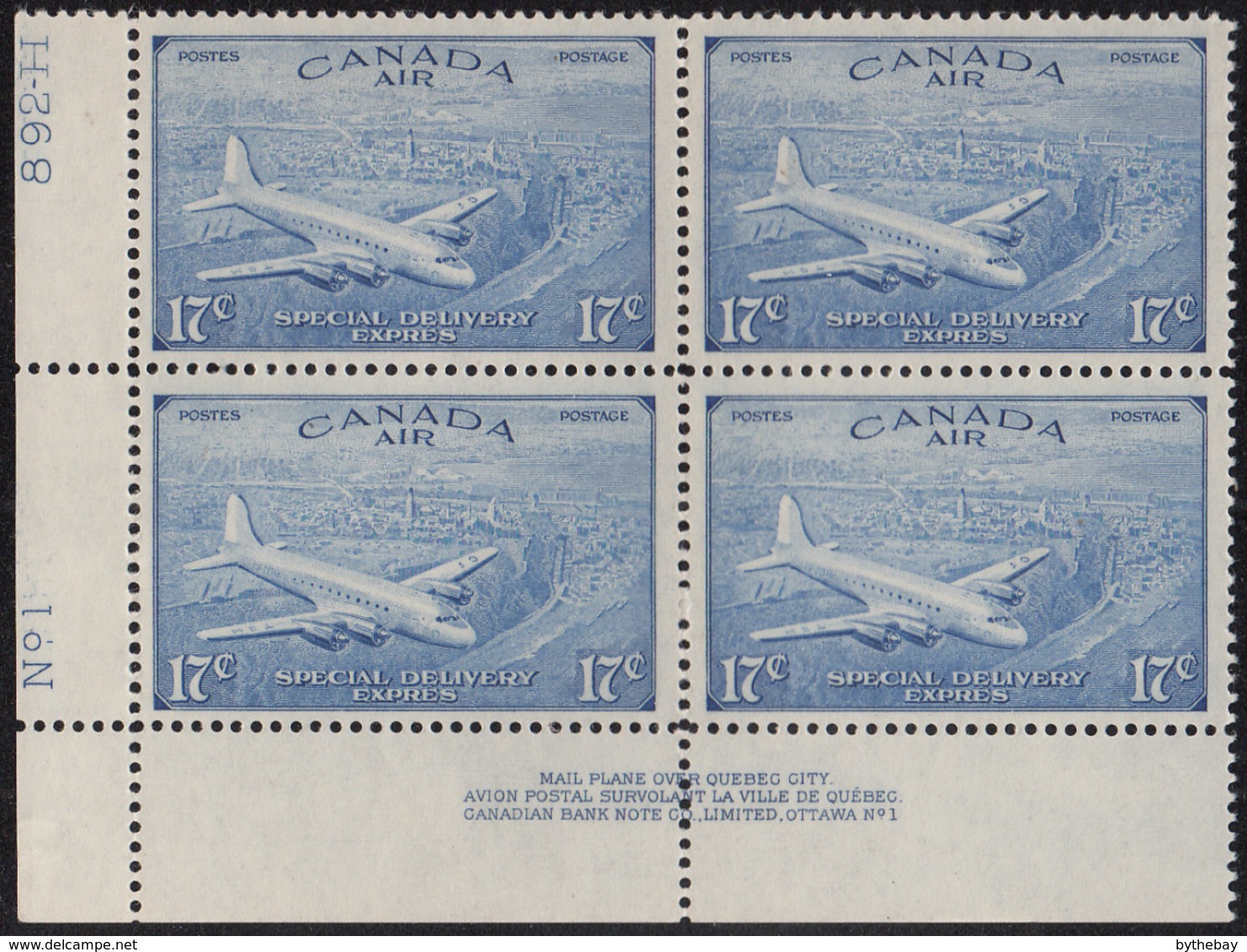 Canada 1946 MNH Sc CE3 17c D.C. 4-M Airplane Plate 1 Lower Left Plate Block - Luchtpost: Toeslag