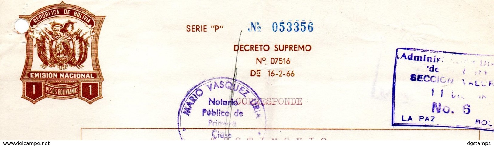 Bolivia 1967  $b1.- Papel Sellado Tipo PS #78, H&A Tipo 123. Letra Bs4.000.- (Inflación), H&A #121 - Bolivia