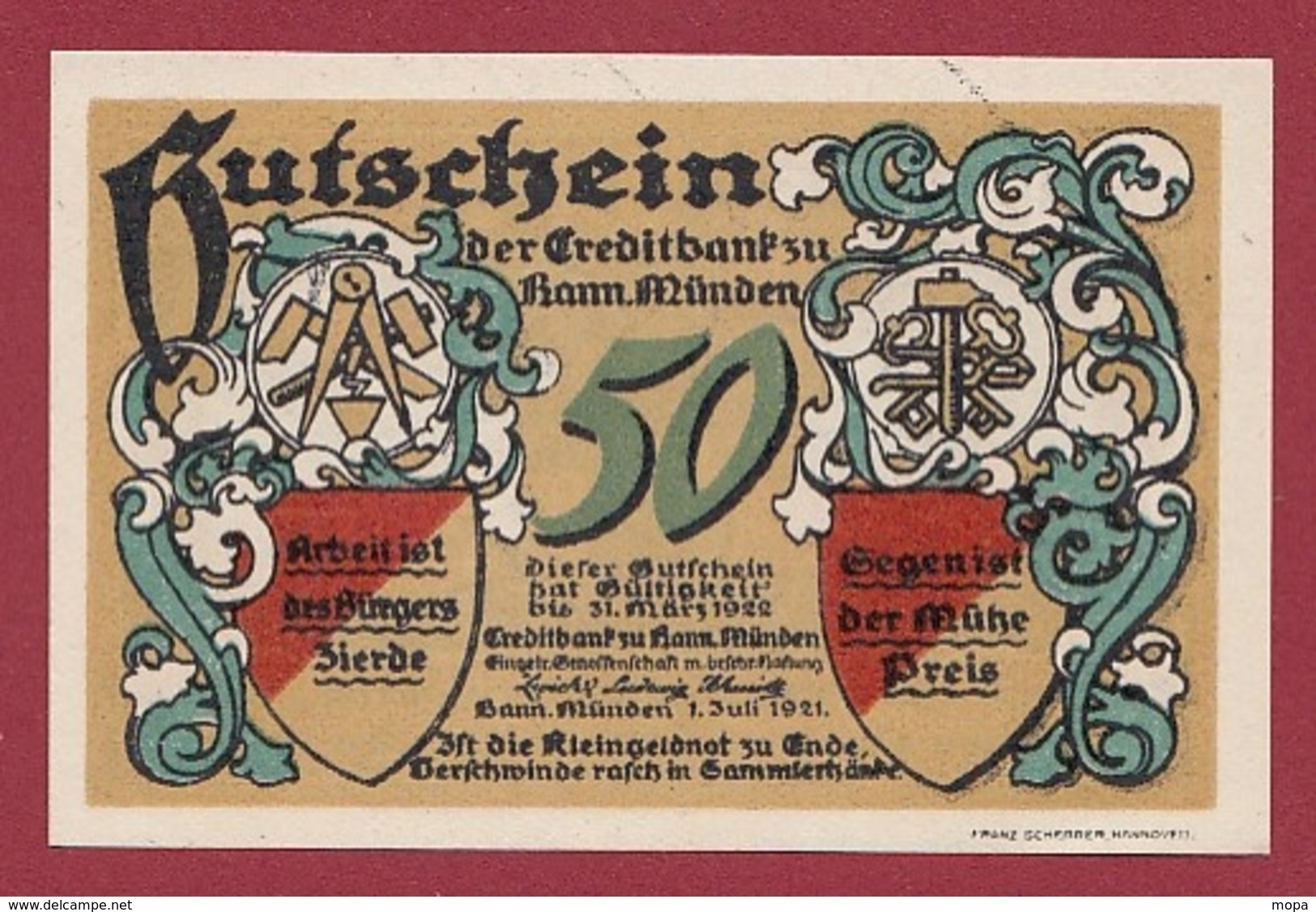 Allemagne 1 Notgeld 50 Pfenning Stadt Hann Münden (RARE) Dans L 'état N °5311 - Sammlungen