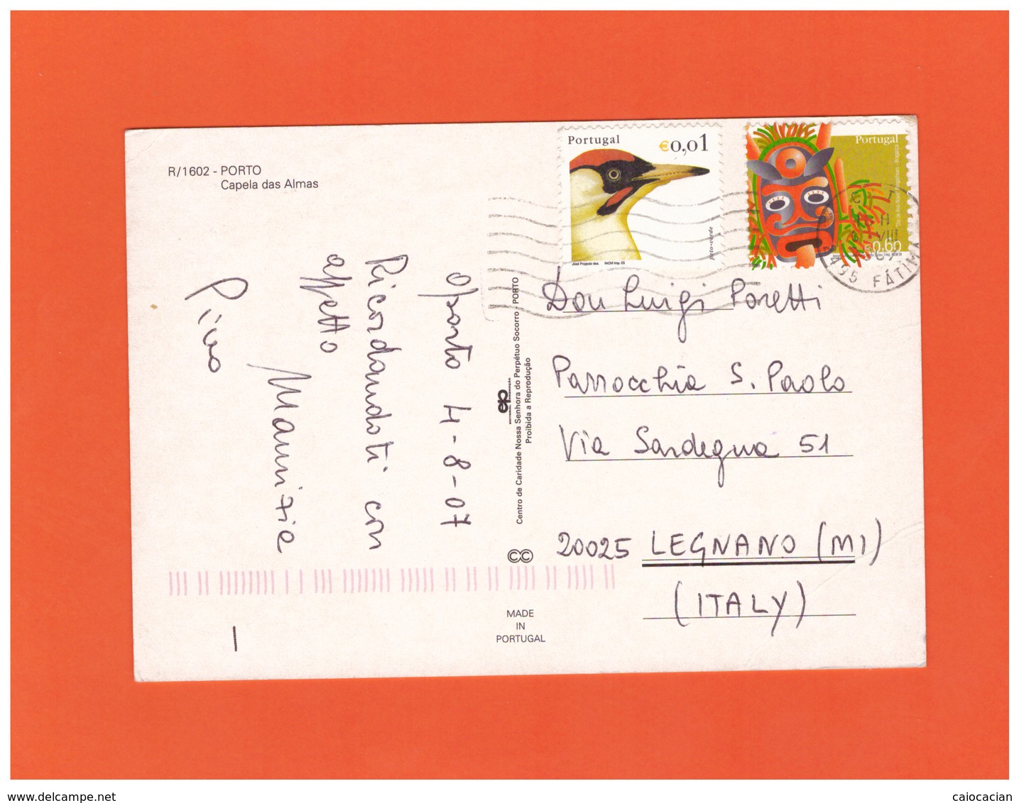 2007 PORTUGAL / PORTO AIR MAIL POSTCARD WITH 2 STAMPS TO ITALY - Storia Postale