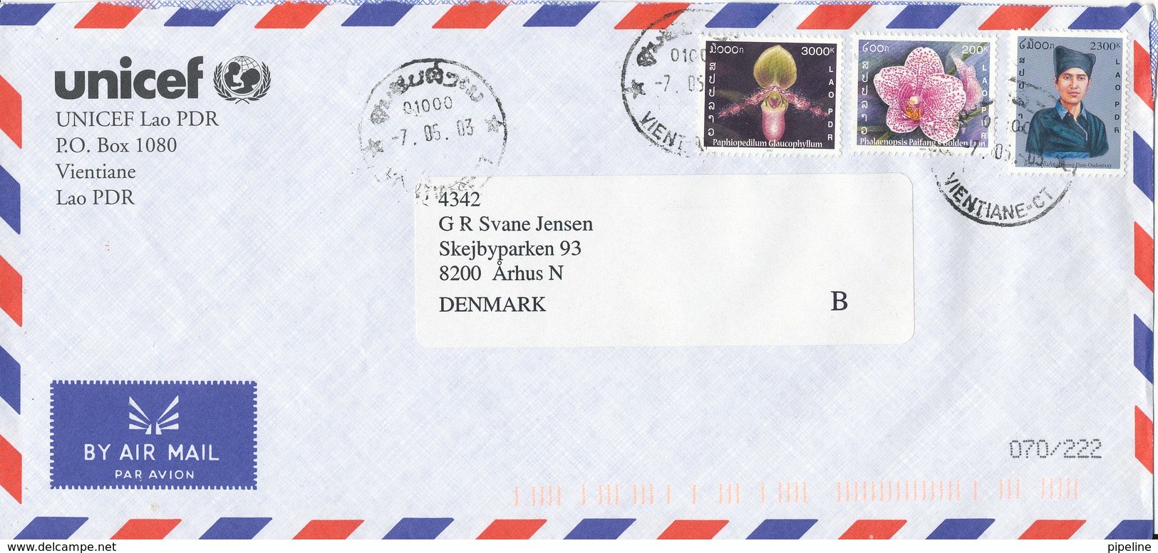 Laos Air Mail Cover UNICEF Lao PDR Sent To Denmark 7-5-2003 Topic Stamps - Laos