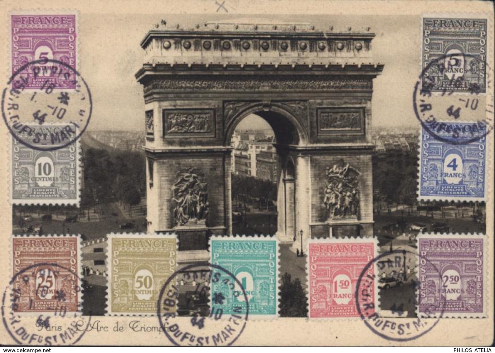 CM Carte Maximum Paris Arc De Triomphe YT 620 à 628 CAD Paris 42 ? 58 R Faubourg St Martin 1 10 44 - 1940-1949