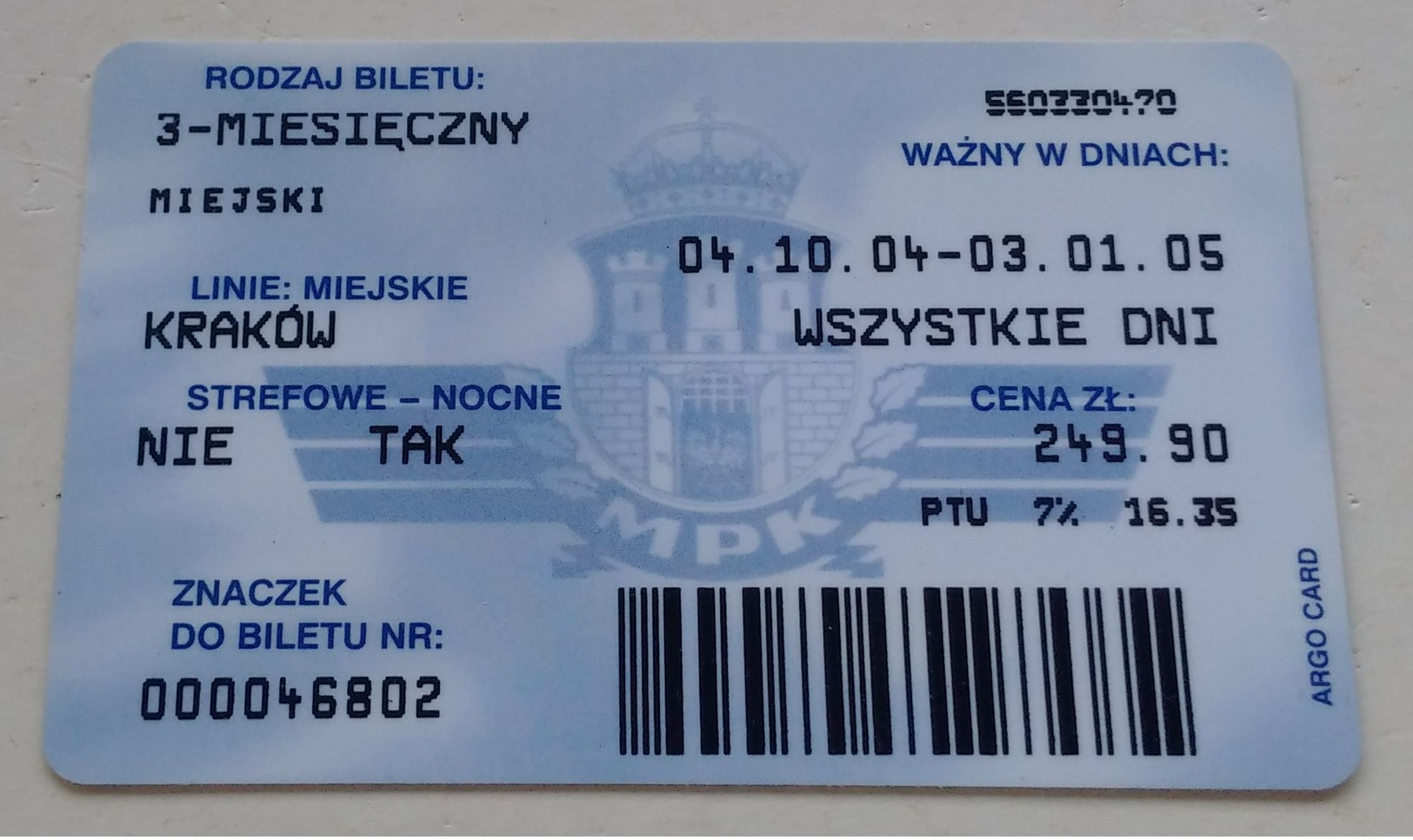 Poland Pologne Cracow Cracovie 3-month Ticket Billet 3 Mois First Aid Premiers Secours 2004 - Europa