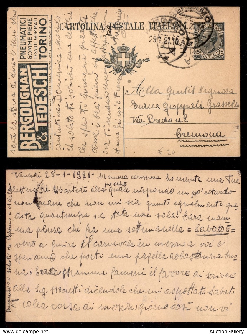 Regno - Bergougnan Tedeschi - Cartolina Postale Da 15 Cent (R2/3) Da Bergamo A Cremona Del 29.1.21 - Otros & Sin Clasificación