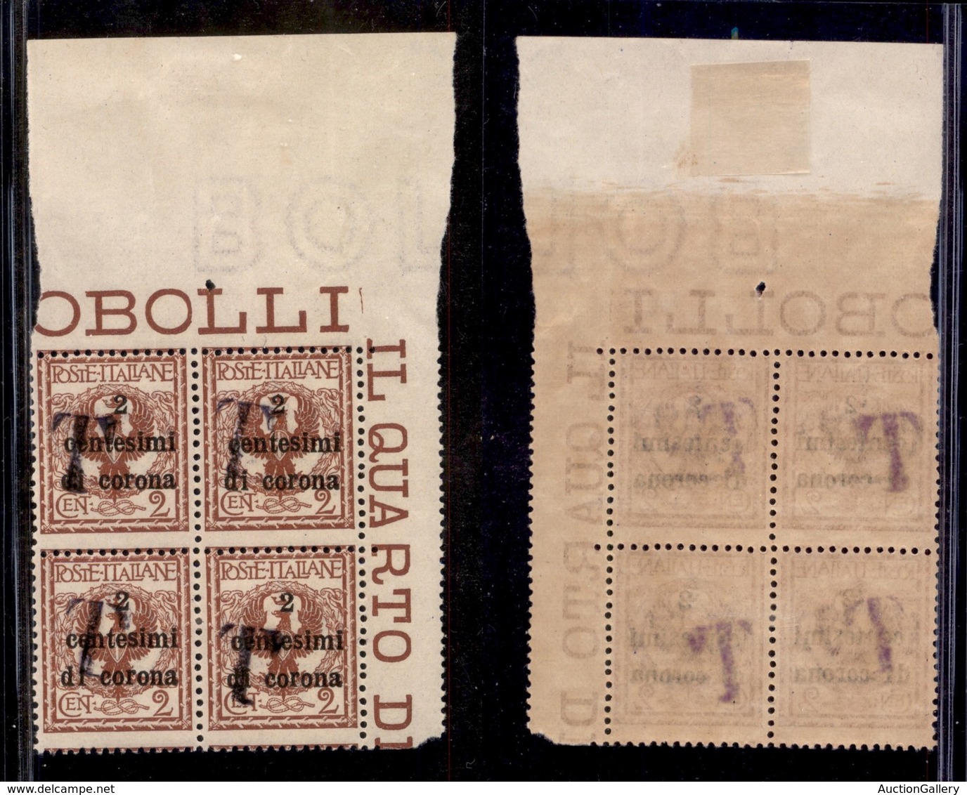 Trentino-Alto Adige - Bolzano 1 - 1919 - T Su 2 Cent Su 2 (11Ac) - Quartina Angolare - Soprastampe Oblique - Gomma Origi - Sonstige & Ohne Zuordnung